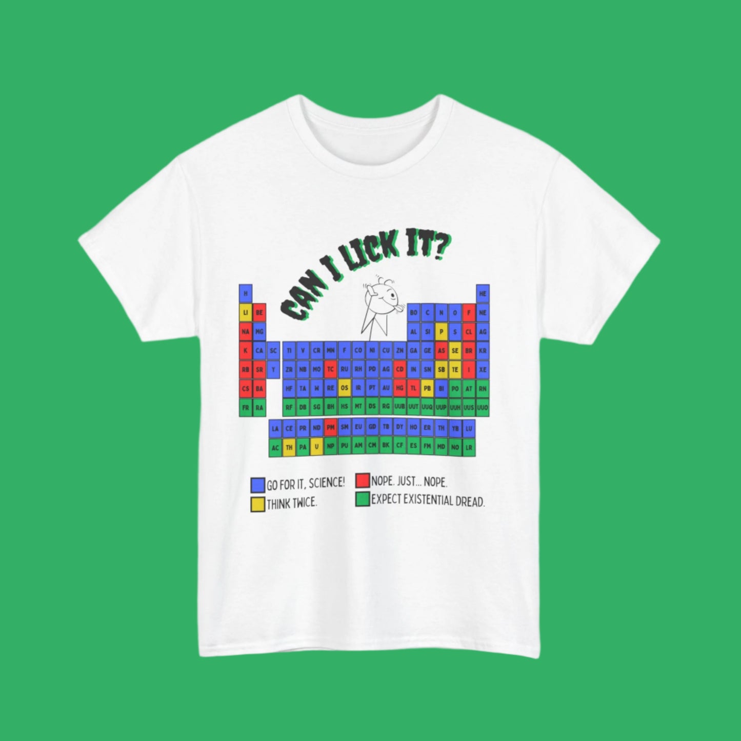 “Can I Lick It?” Periodic Table T-shirt for Science Nerds – Funny STEM Gift – Men’s Unisex Fit (Chemistry & Geology)