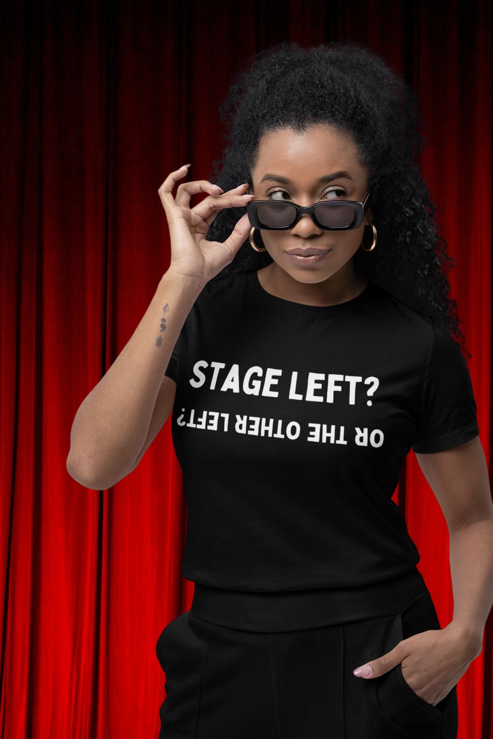 Women’s Fitted “Stage Left? …Or the Other Left?” Black T-Shirt – Theatre Humour Design