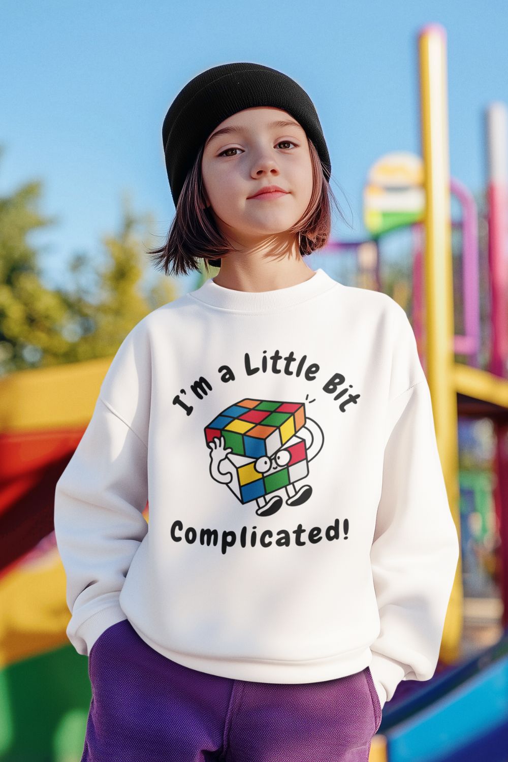 Kids’ “I’m a Little Bit… Complicated” Sweatshirt – Unisex Fit | Black, White, Grey, Royal | Confident, Colourful & Clever