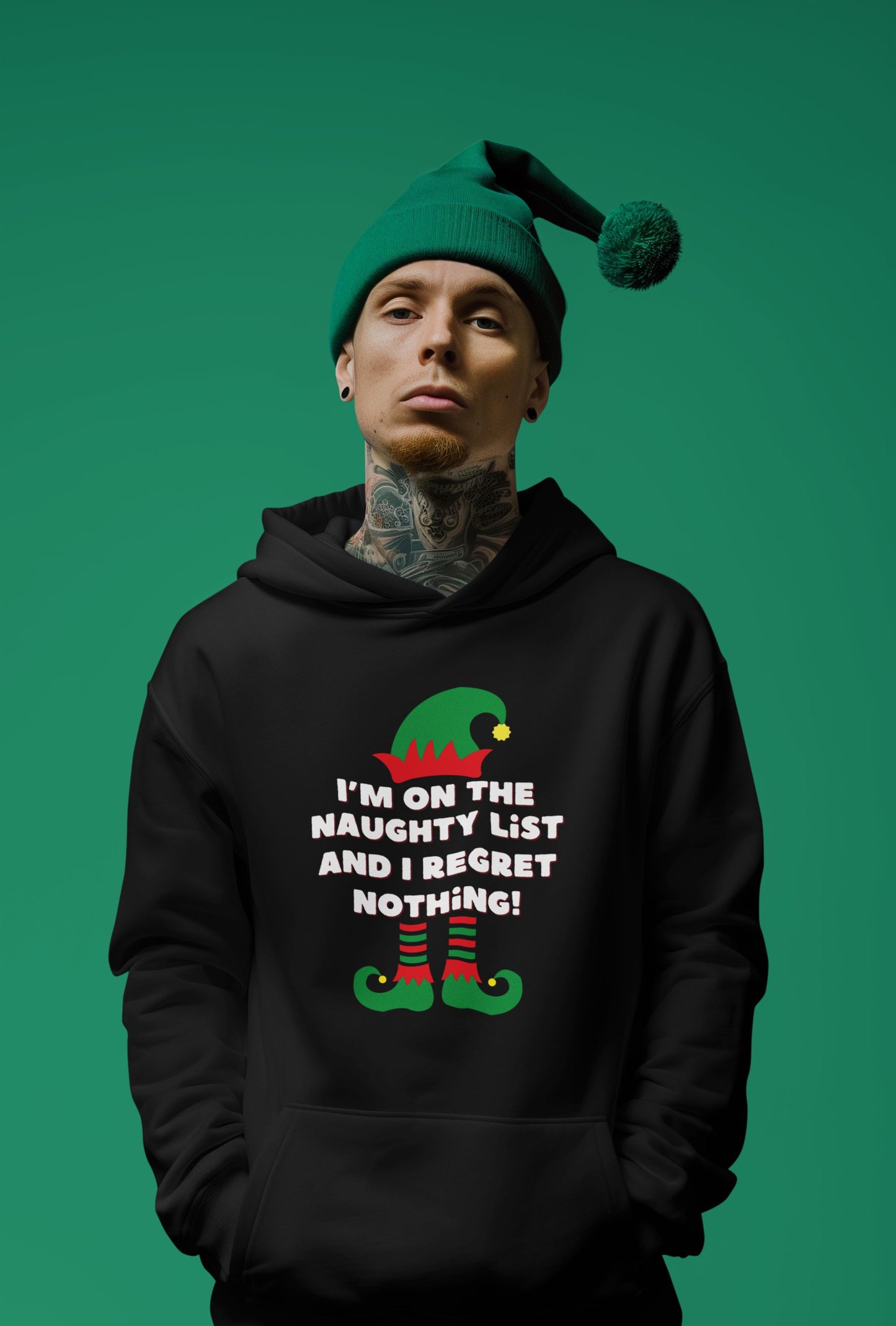 Men’s Christmas Hoodie – "I'm on the Naughty List, and I Regret Nothing" – Funny Festive Hoodie