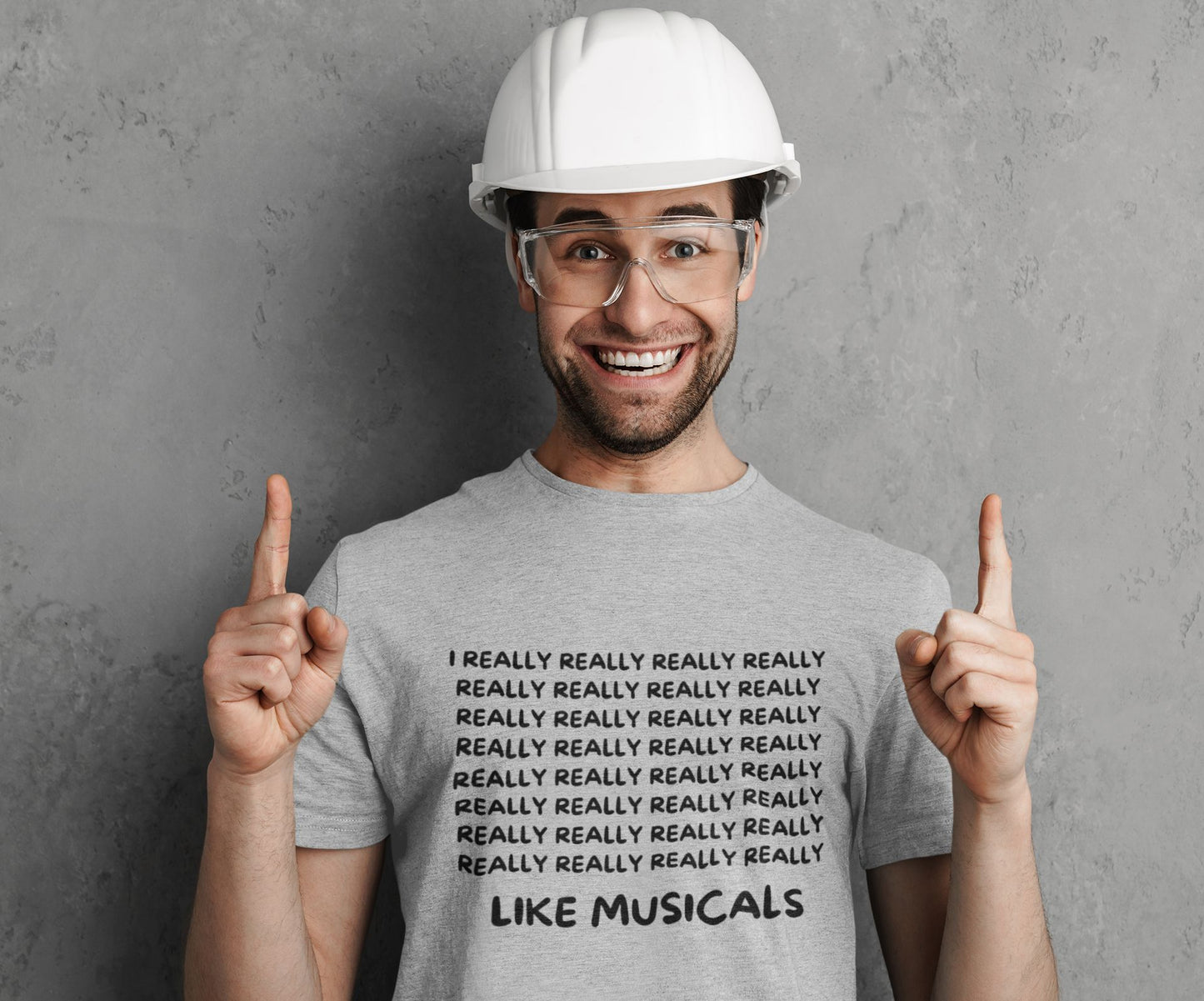 Funny Musical Theatre Men's T-Shirt – “I REALLY REALLY REALLY Like Musicals” – Black, Navy & Sport Grey