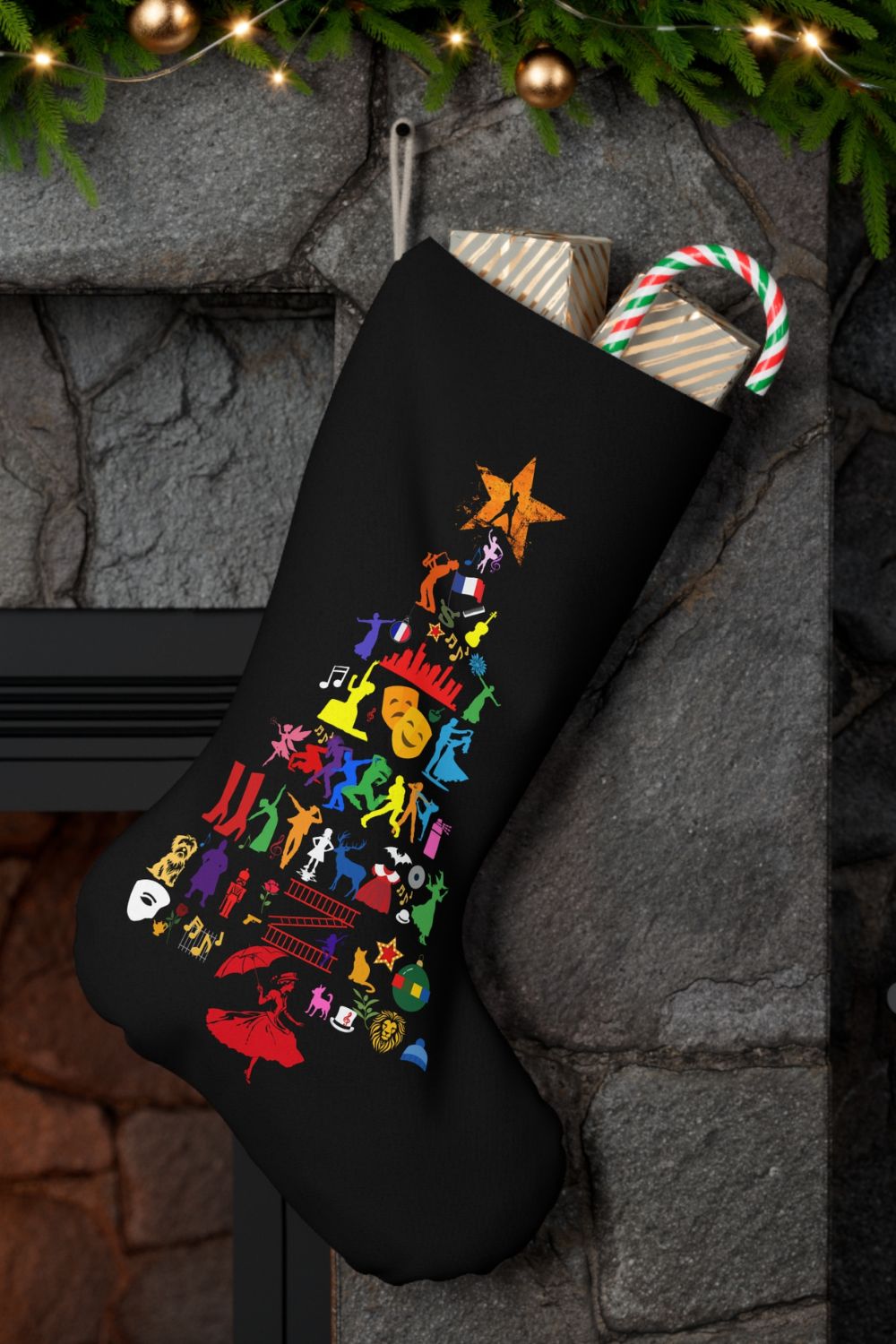Musical Theatre Icon Christmas Tree Stocking – Festive Faux Suede Holiday Decor for Theatre Lovers