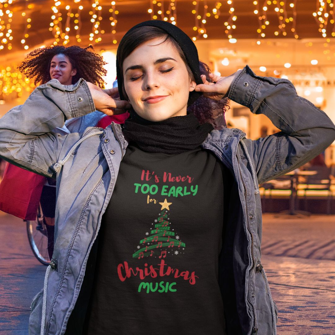 Women's "It’s Never Too Early for Christmas Music" Softstyle T-Shirt – Feminine Fit Christmas T-Shirt