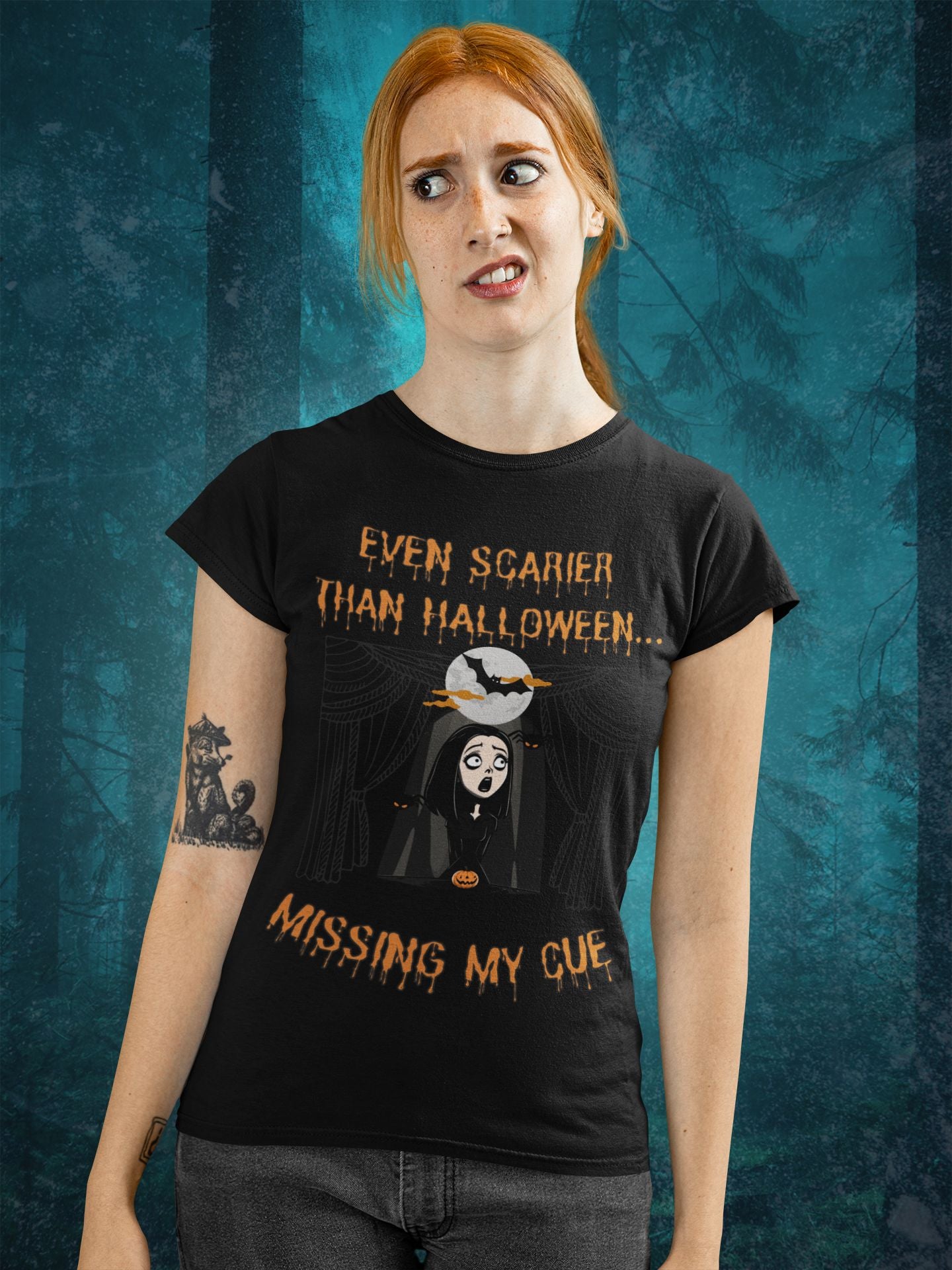 Missing My Cue Women's T-shirt – Fun Stage Fright Design for Theatre Lovers | Available in Black
