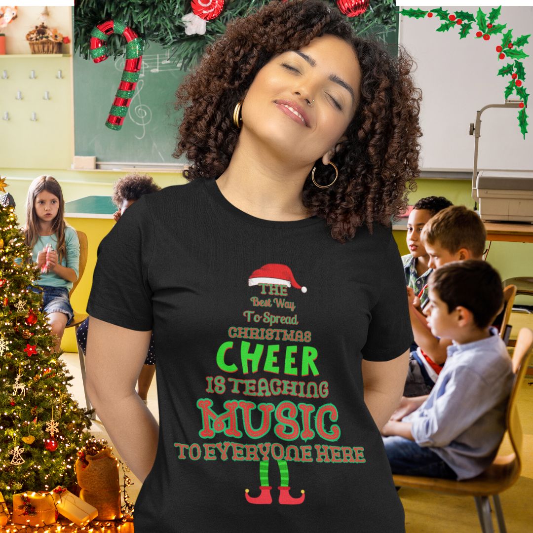 Festive Women’s T-Shirt for Music Teachers – Christmas Cheer in Black