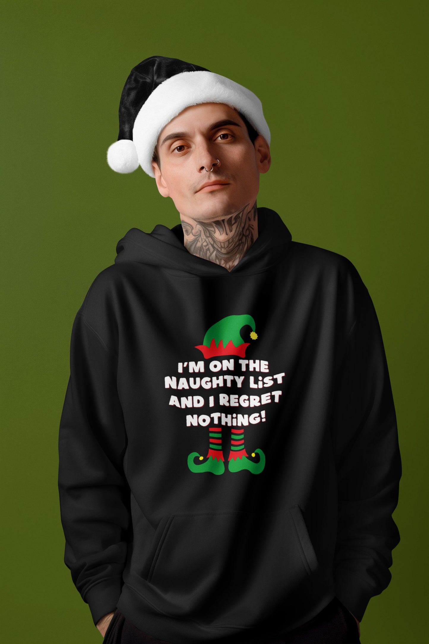 Men’s Christmas Hoodie – "I'm on the Naughty List, and I Regret Nothing" – Funny Festive Hoodie