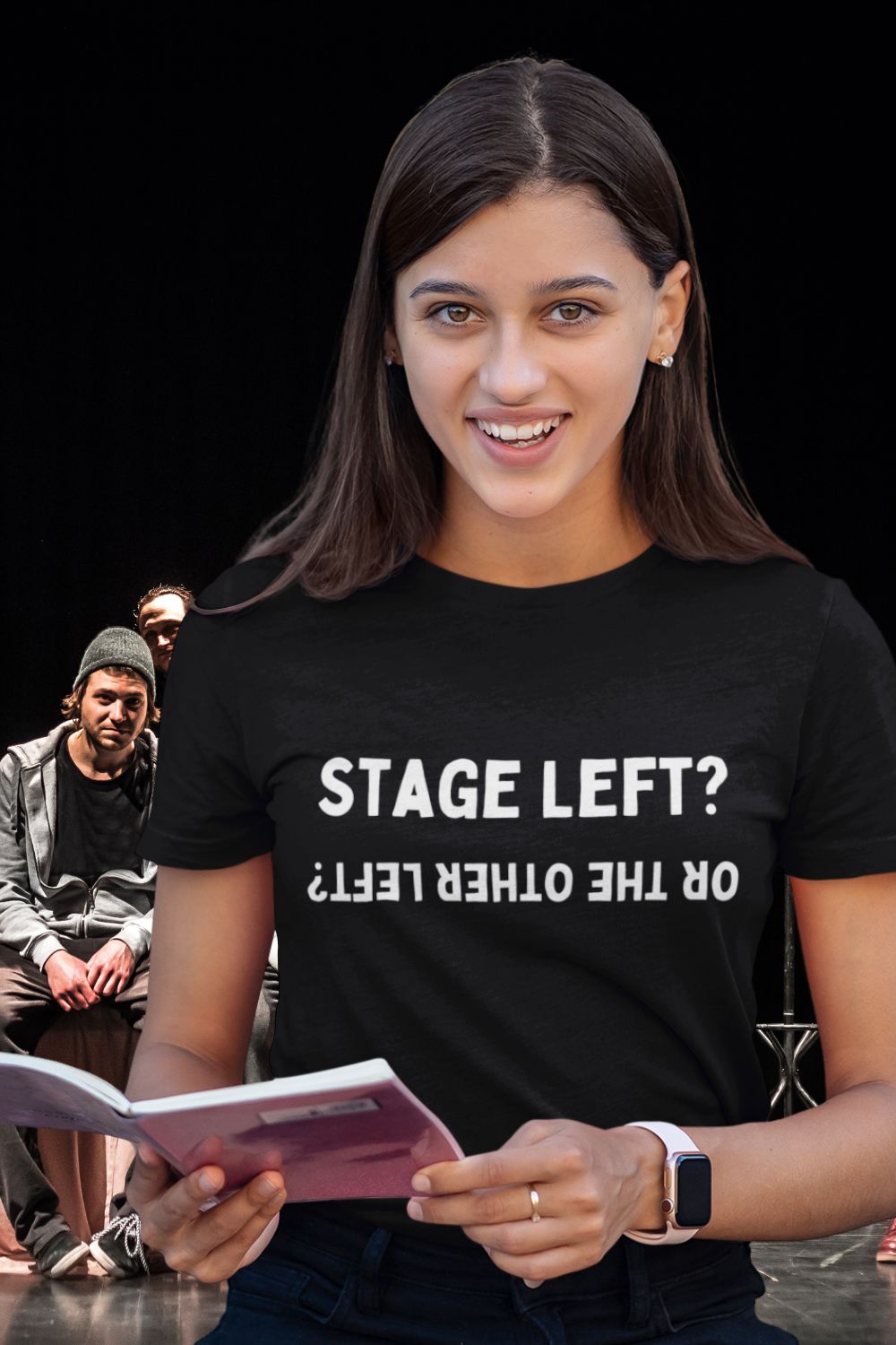 Women’s Fitted “Stage Left? …Or the Other Left?” Black T-Shirt – Theatre Humour Design