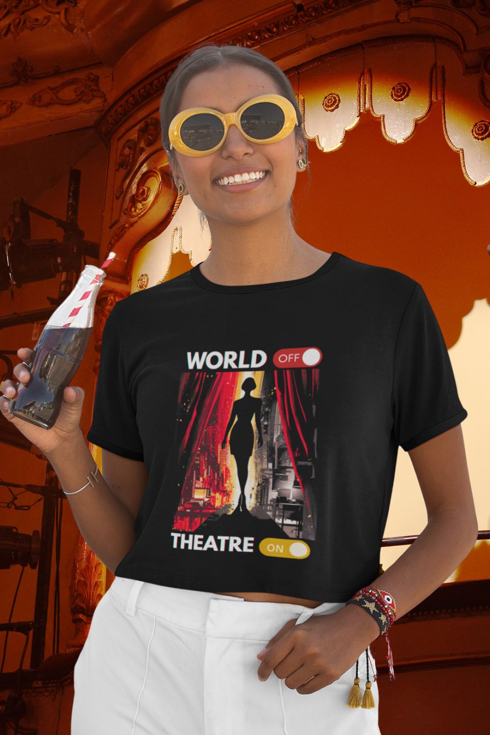 Women’s “World Off. Theatre On.” Organic Cotton T-Shirt (Cropped Oversized Fit) – Because Theatre Is Life