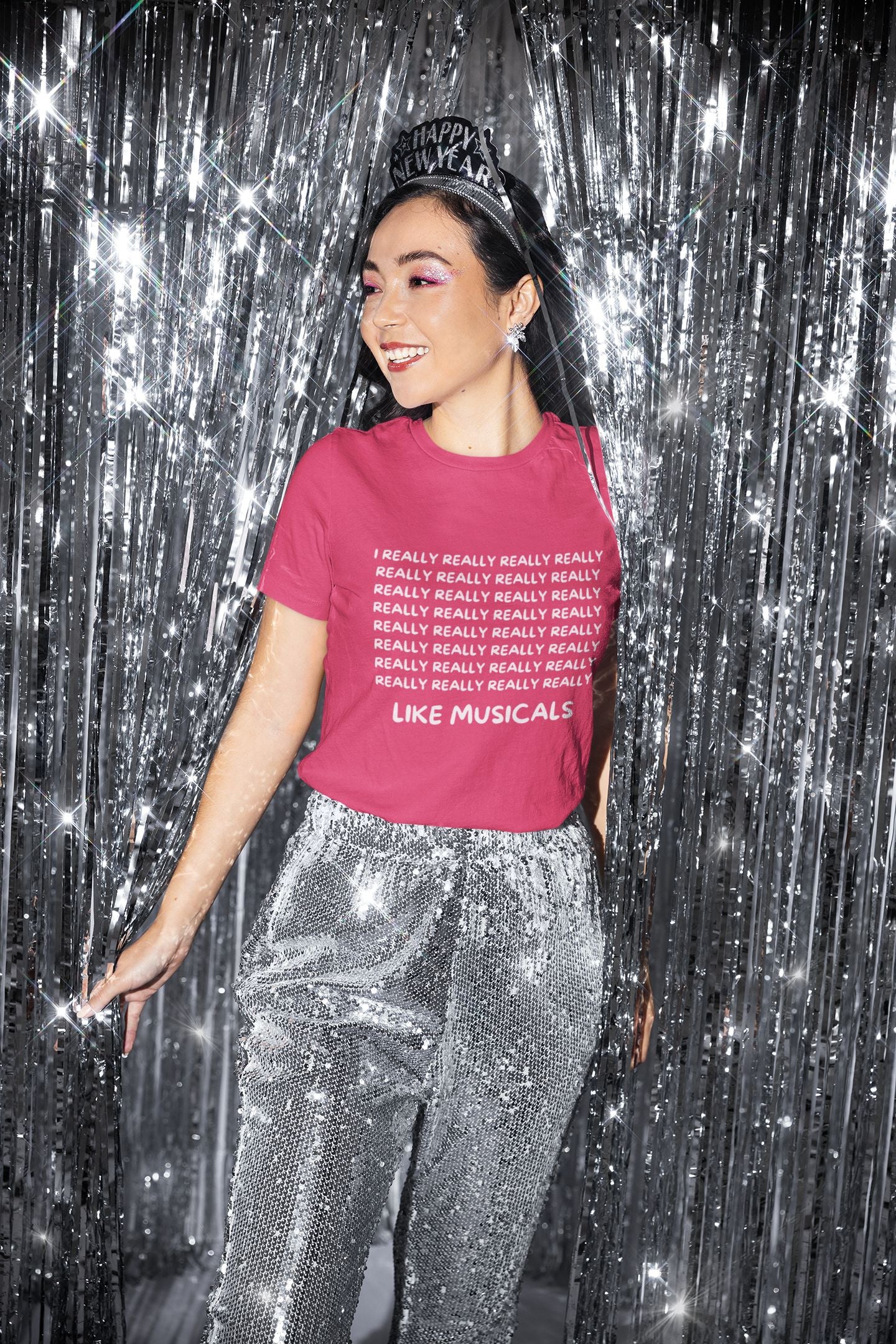 Funny Musical Theatre Women’s T-Shirt – “I REALLY REALLY REALLY Like Musicals” – Slim Fit, Black, Navy & Berry