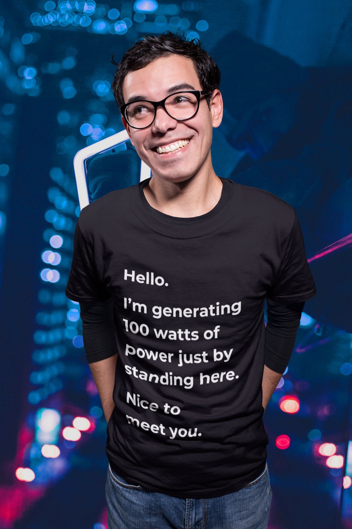 Hello, I'm Generating 100 Watts (Unisex) Men's T-shirt: A Powerful Science-Inspired Design