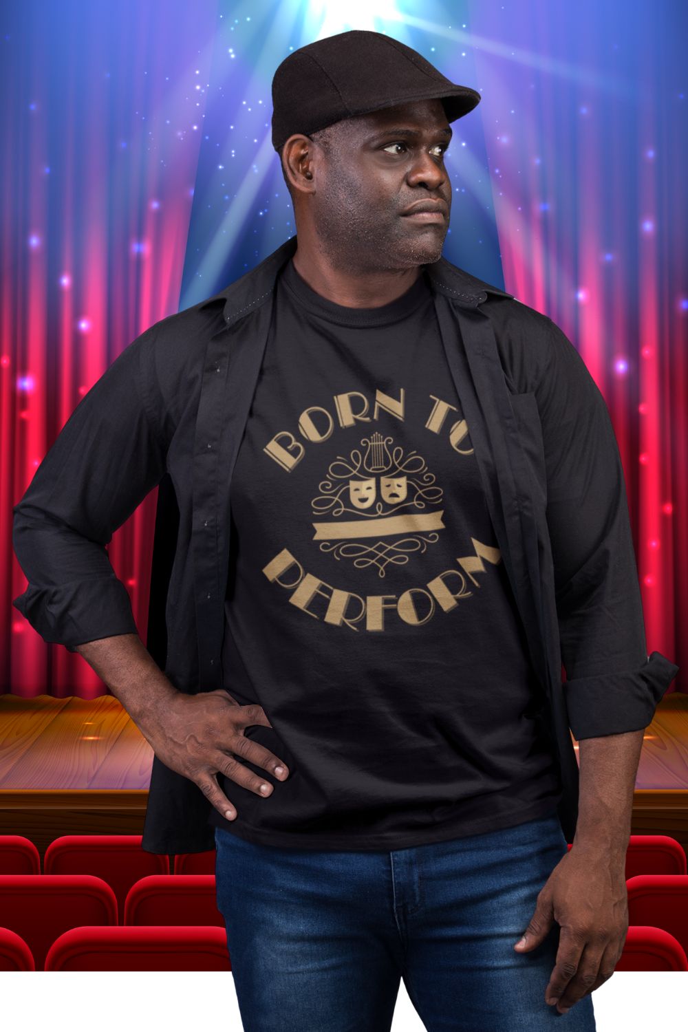 “Born to Perform” Men’s Theatre T-Shirt – Bold Print with Drama Mask