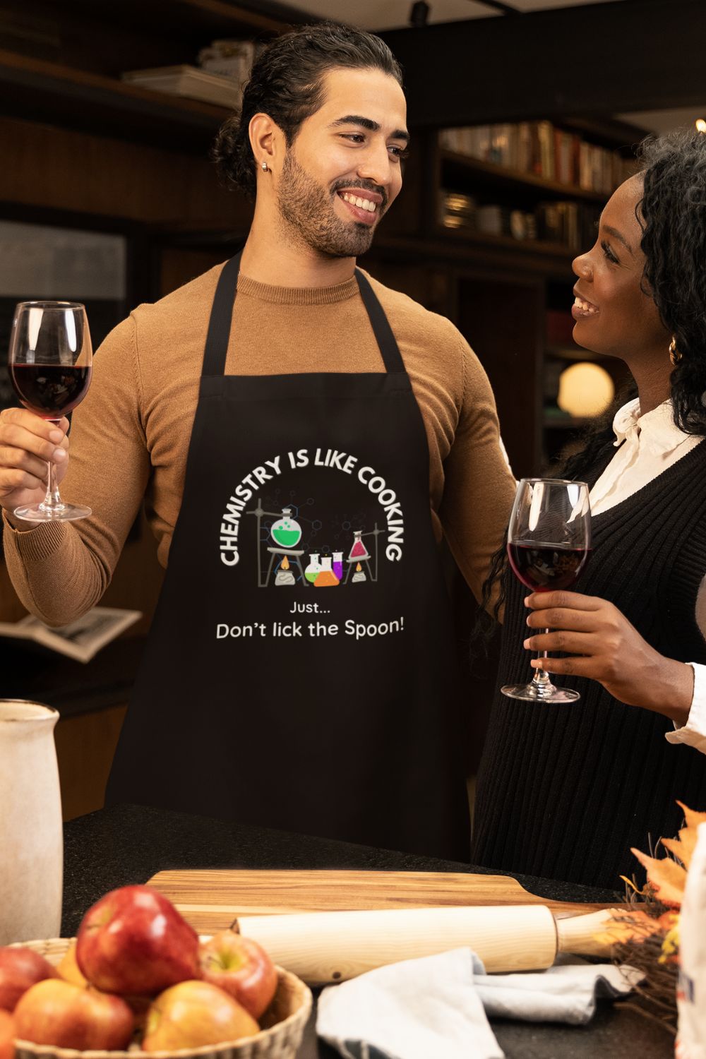 Funny Science Apron – "Chemistry Is Like Cooking... Just Don’t Lick the Spoon!" (Black, Grey, Red)