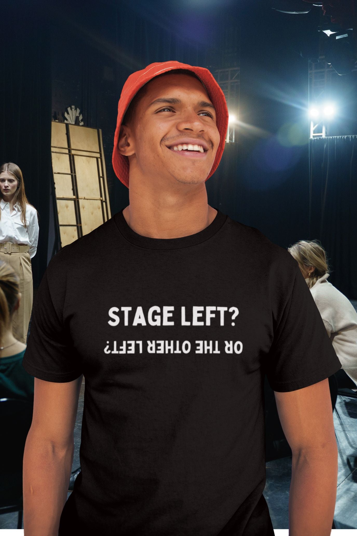 Men’s “Stage Left? …Or the Other Left?” Unisex Black T-Shirt – Theatre Humour Design
