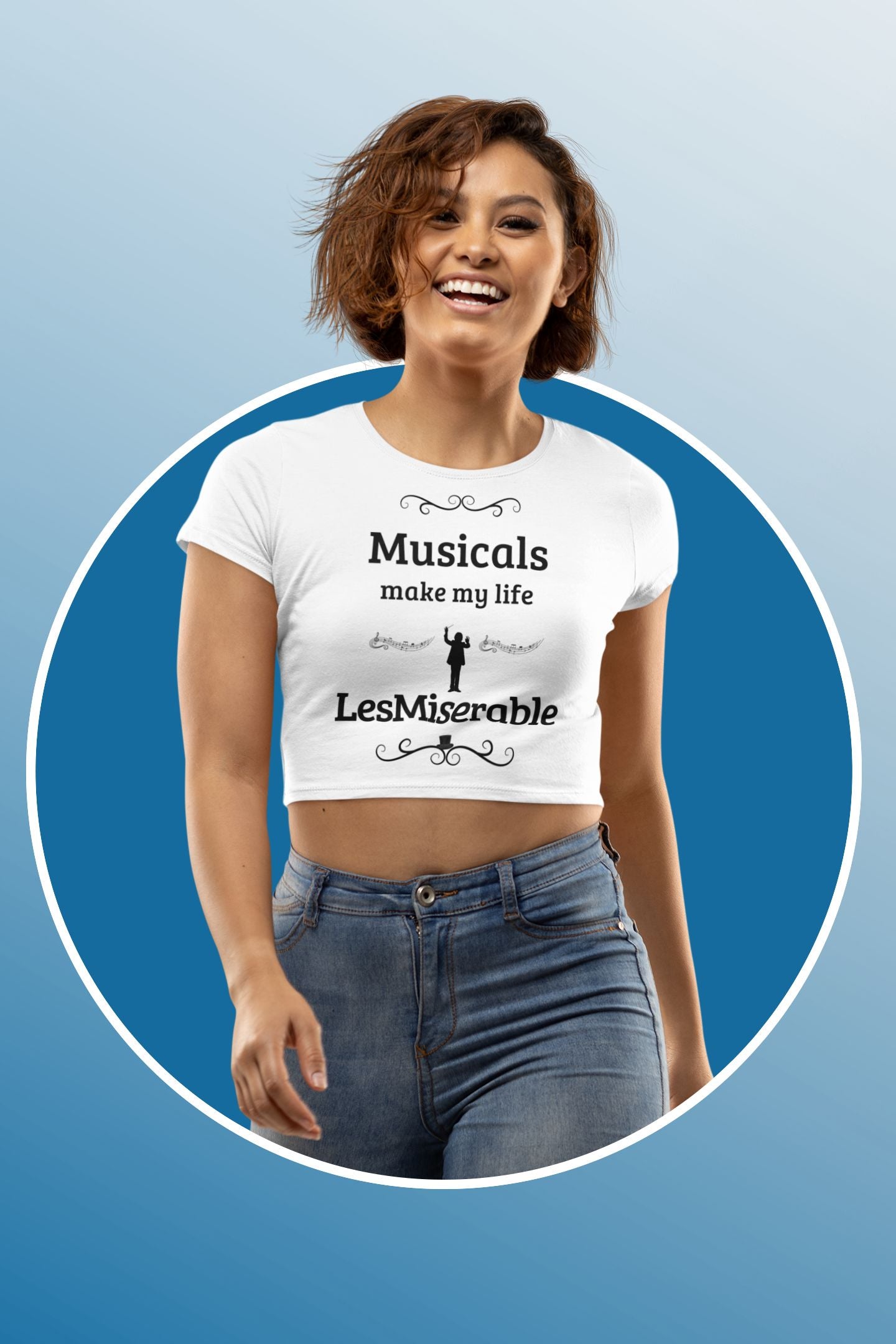 Women's White Cropped Tee – "Musicals Make My Life LesMiserable" – Perfect for Theatre Lovers