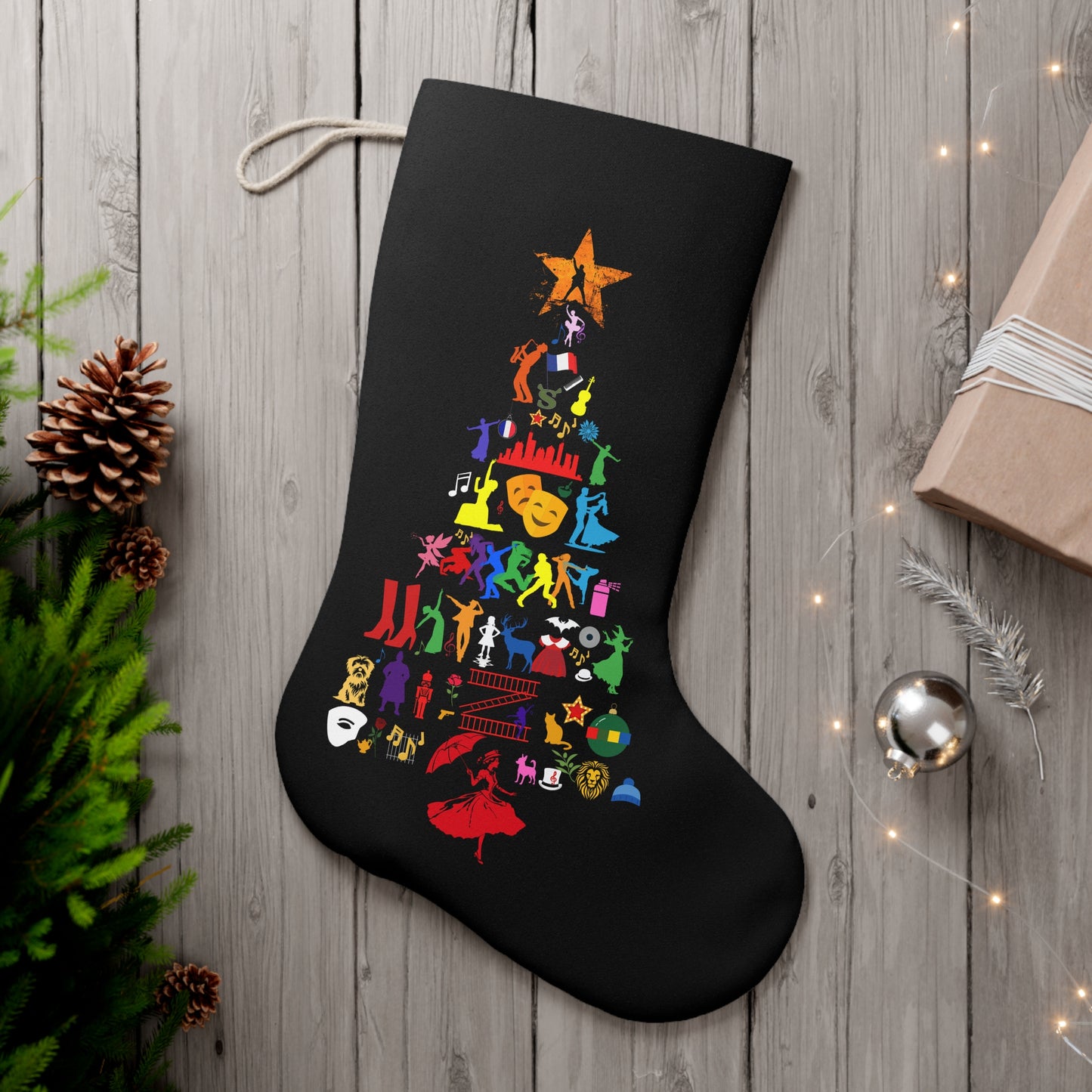 Musical Theatre Icon Christmas Tree Stocking – Festive Faux Suede Holiday Decor for Theatre Lovers