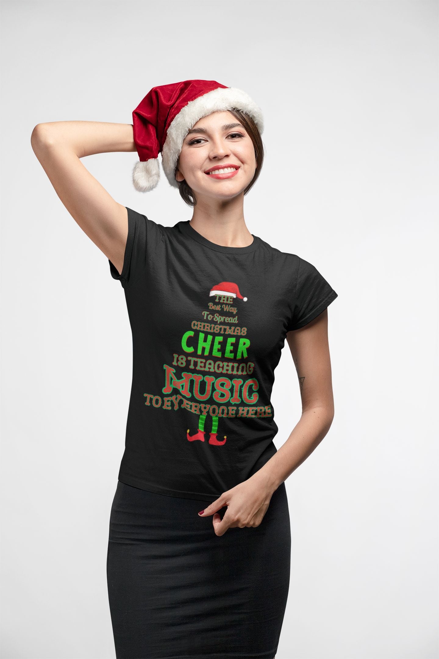 Festive Women’s T-Shirt for Music Teachers – Christmas Cheer in Black