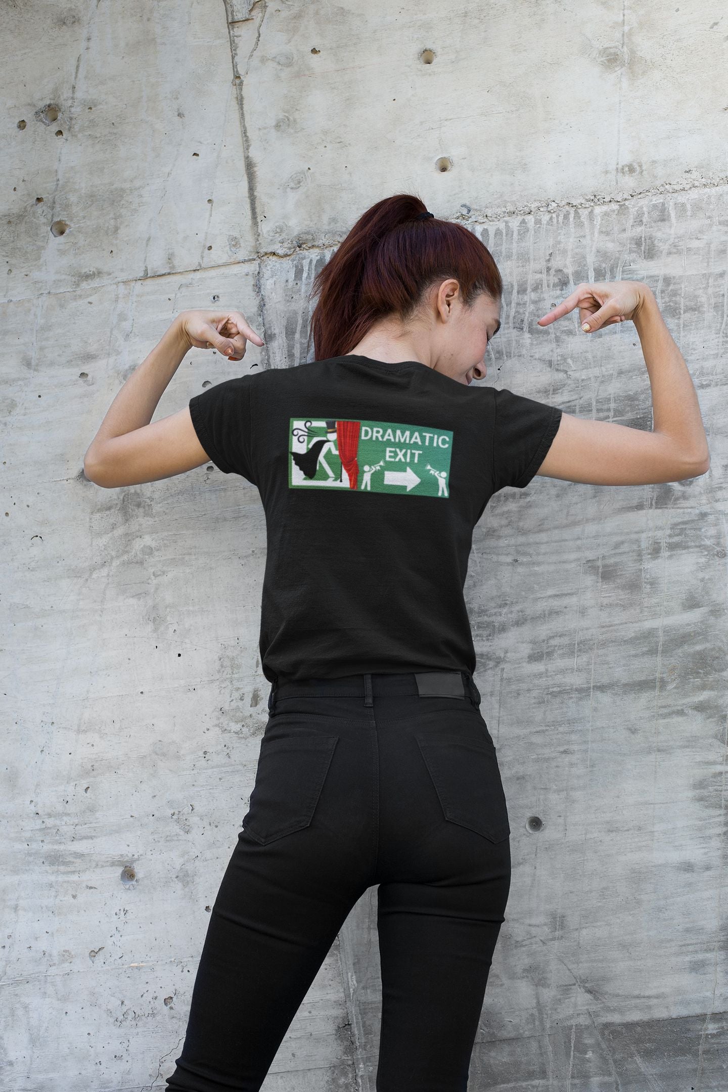 Dramatic Exit Women's T-shirt – Theatrical Back Print for Theatre Lovers, Semi-Fitted