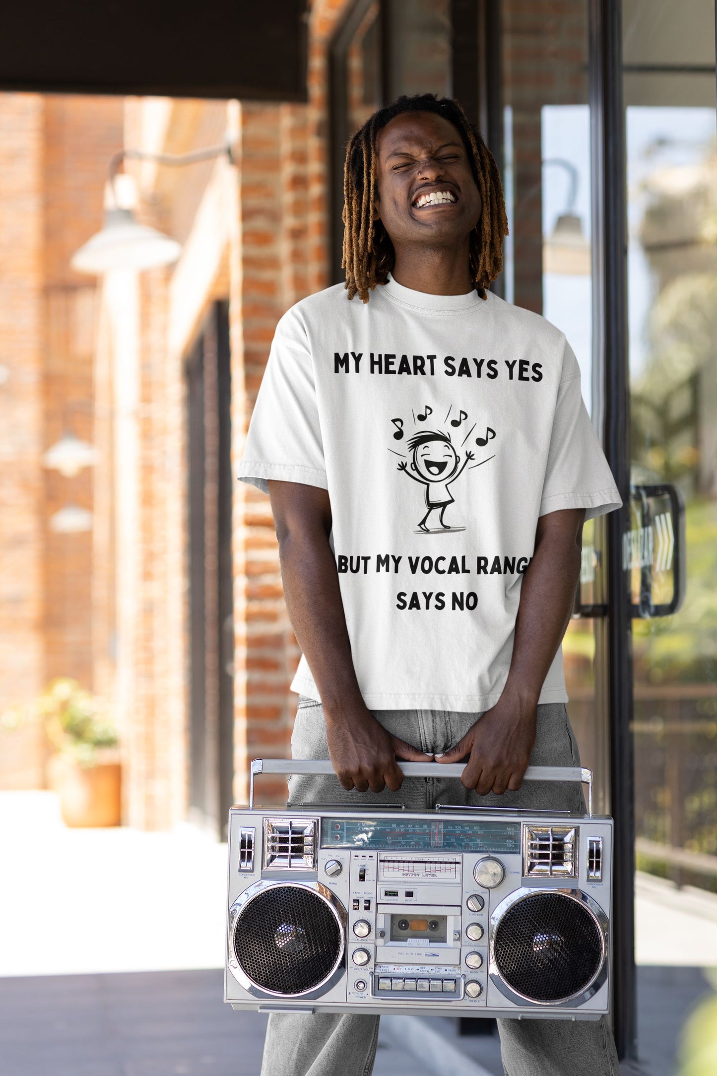 Men’s Theatre T-Shirt – "My Heart Says Yes, But My Vocal Range Says No" Unisex Design