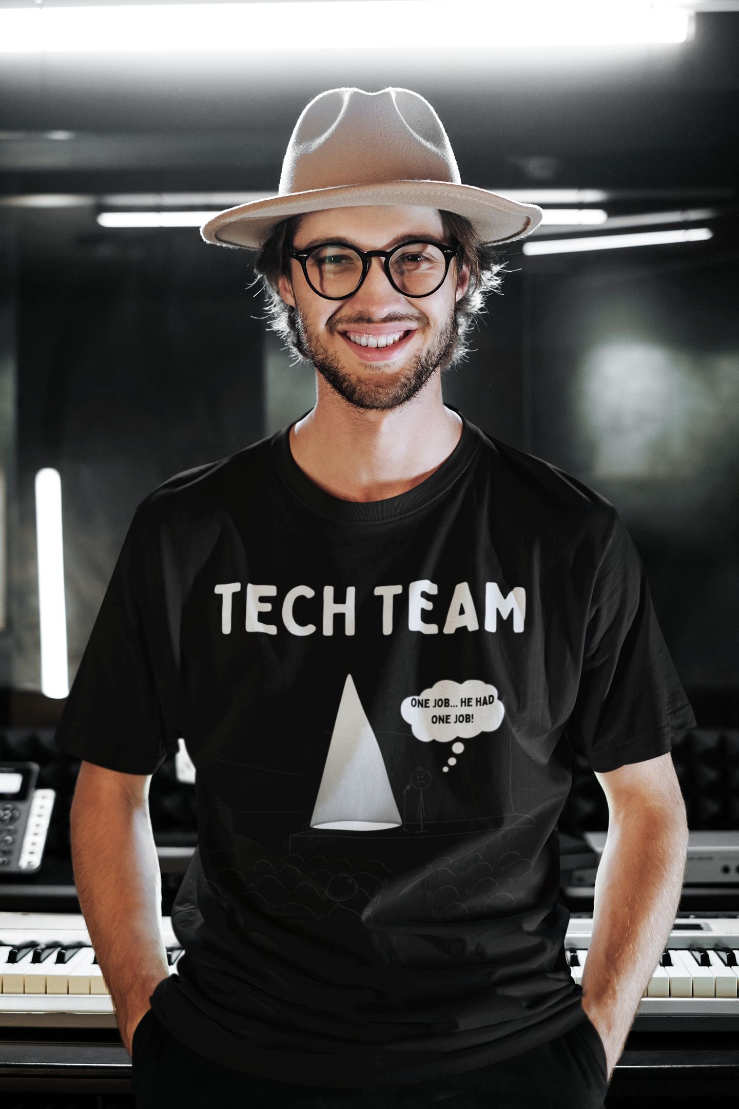 "Tech Team: One Job" Men's Theatre T-Shirt – Unisex Design for Backstage Legends