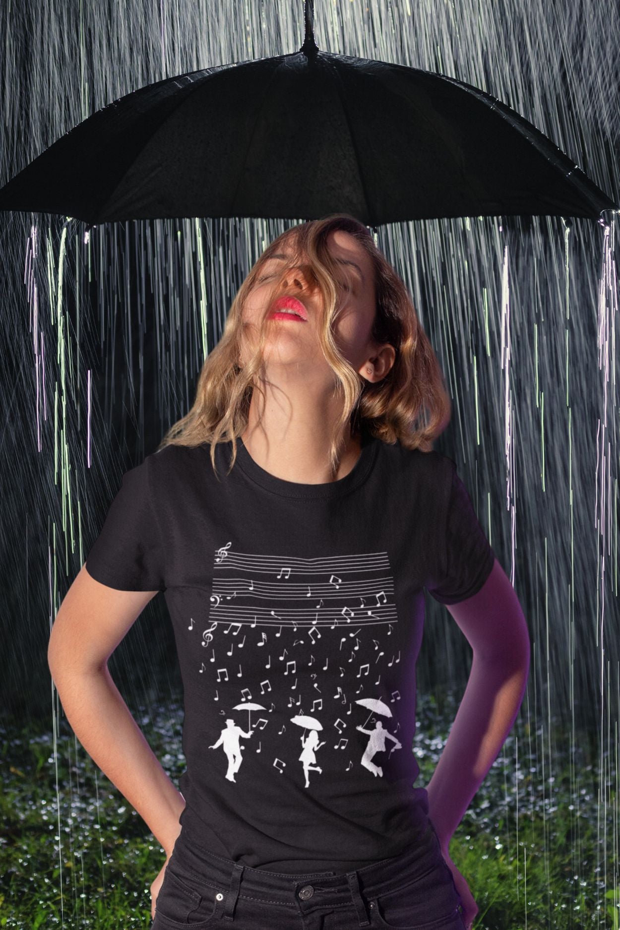 Women's Theatre & Music T-Shirt – Dance in the Rain Design, Softstyle Fit
