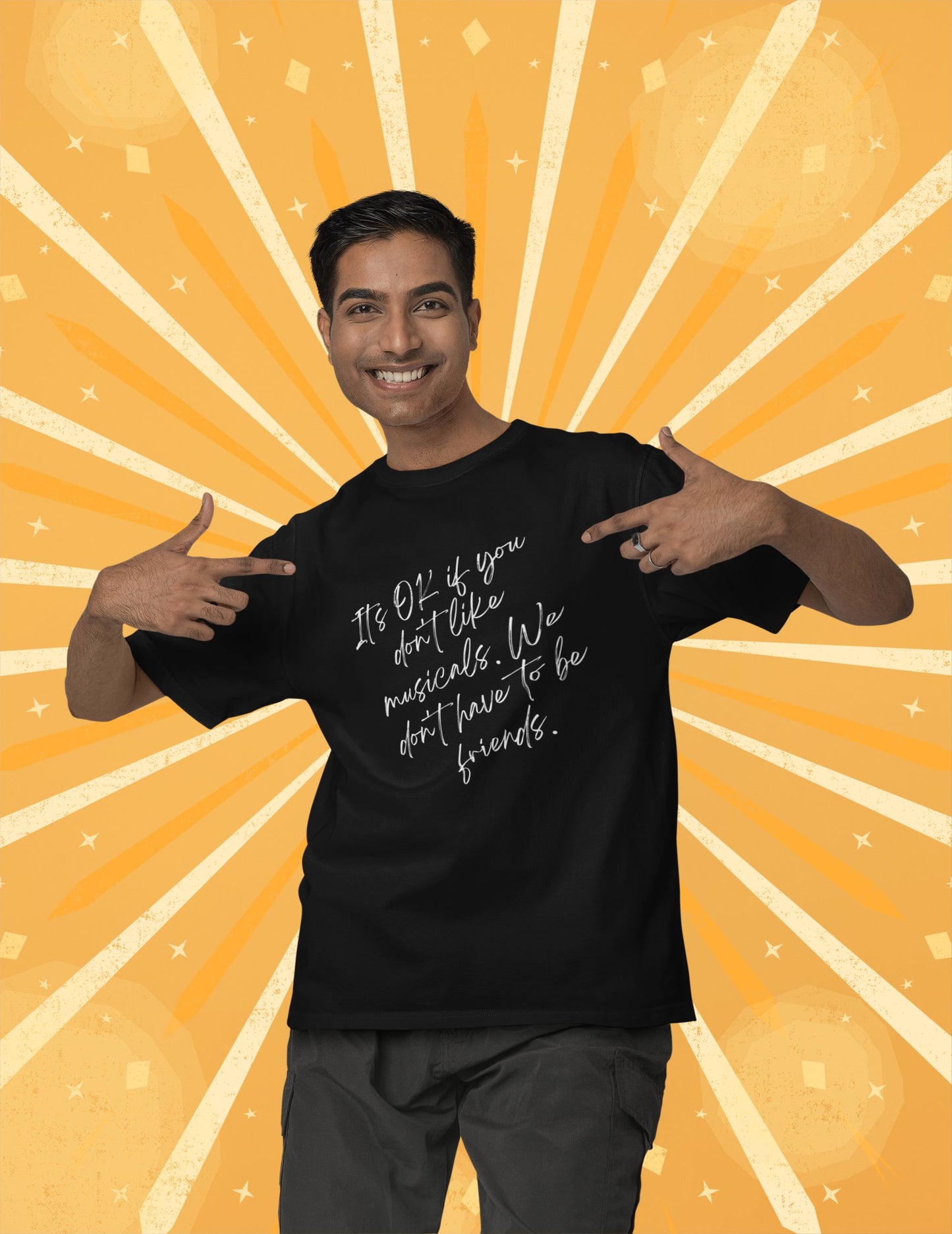 Funny Musical Theatre T-Shirt – “It’s OK If You Don’t Like Musicals” – Black, White Print, Unisex Heavy Cotton