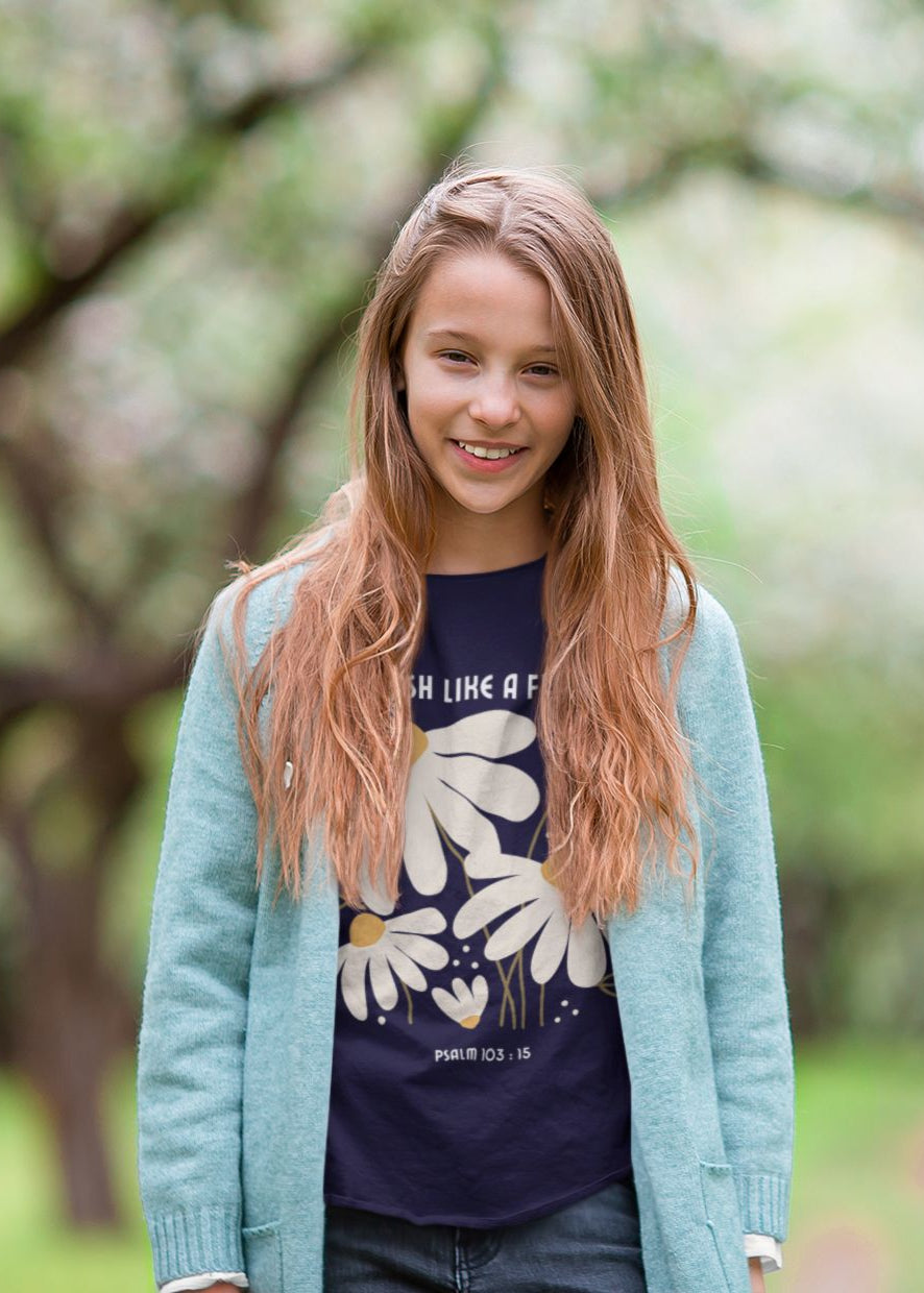 Girls’ Christian T-Shirt – "Flourish Like a Flower" – Bible Verse, Unisex Fit, 100% Cotton
