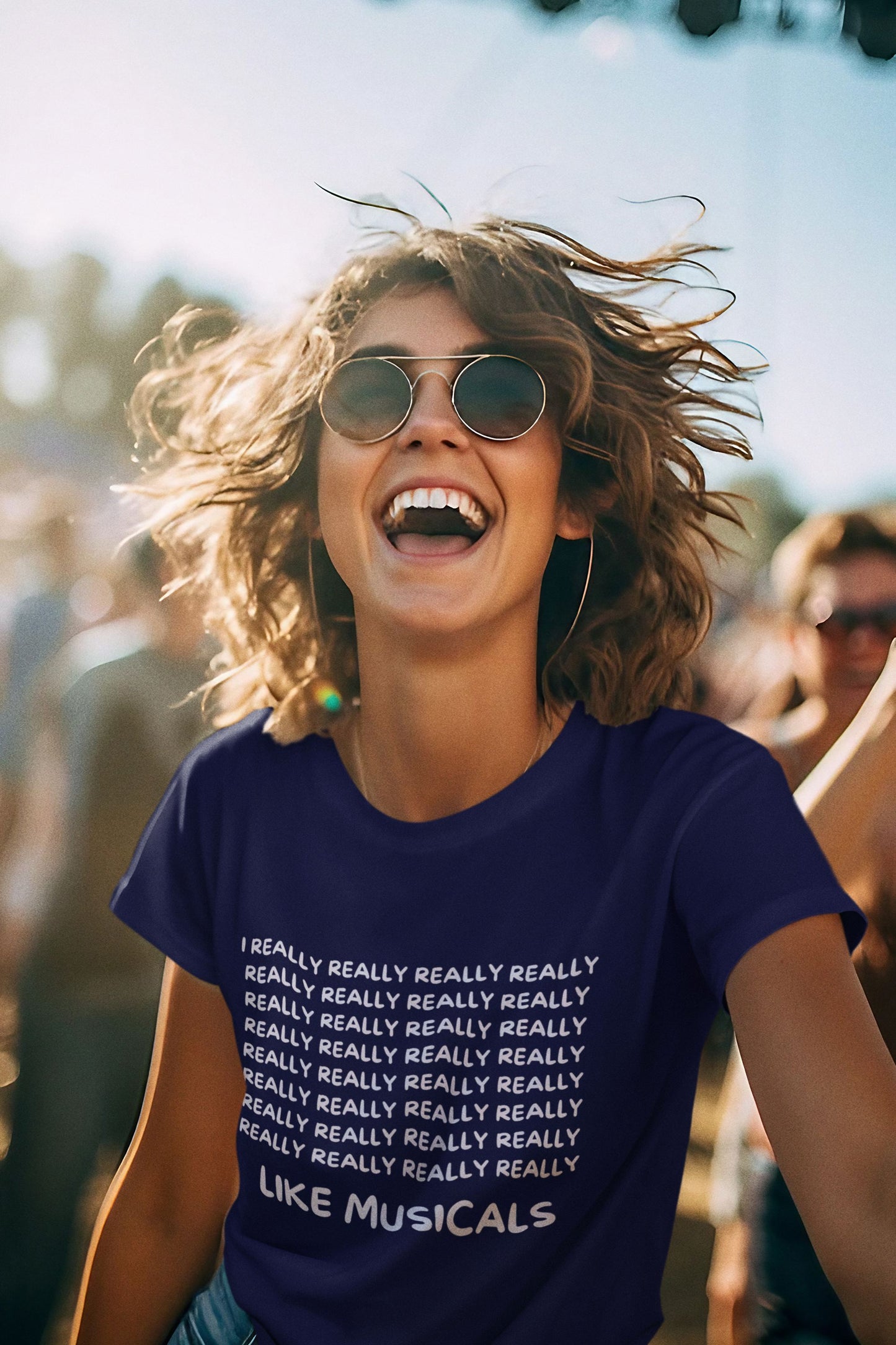 Funny Musical Theatre Women’s T-Shirt – “I REALLY REALLY REALLY Like Musicals” – Slim Fit, Black, Navy & Berry