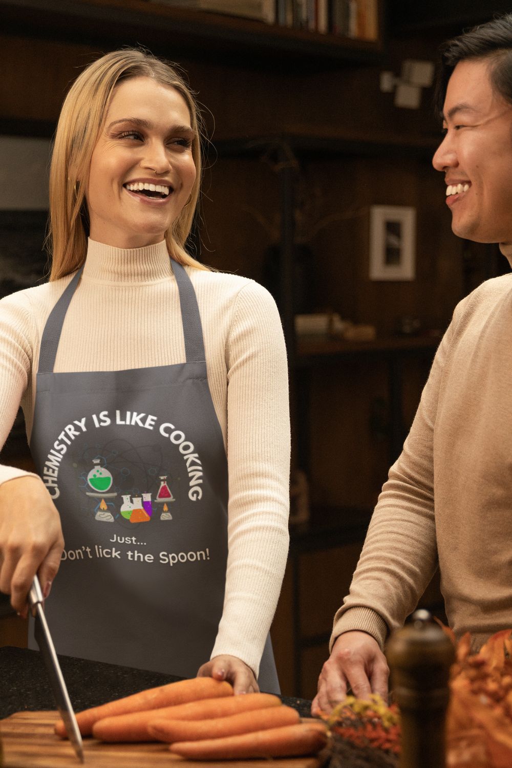 Funny Science Apron – "Chemistry Is Like Cooking... Just Don’t Lick the Spoon!" (Black, Grey, Red)