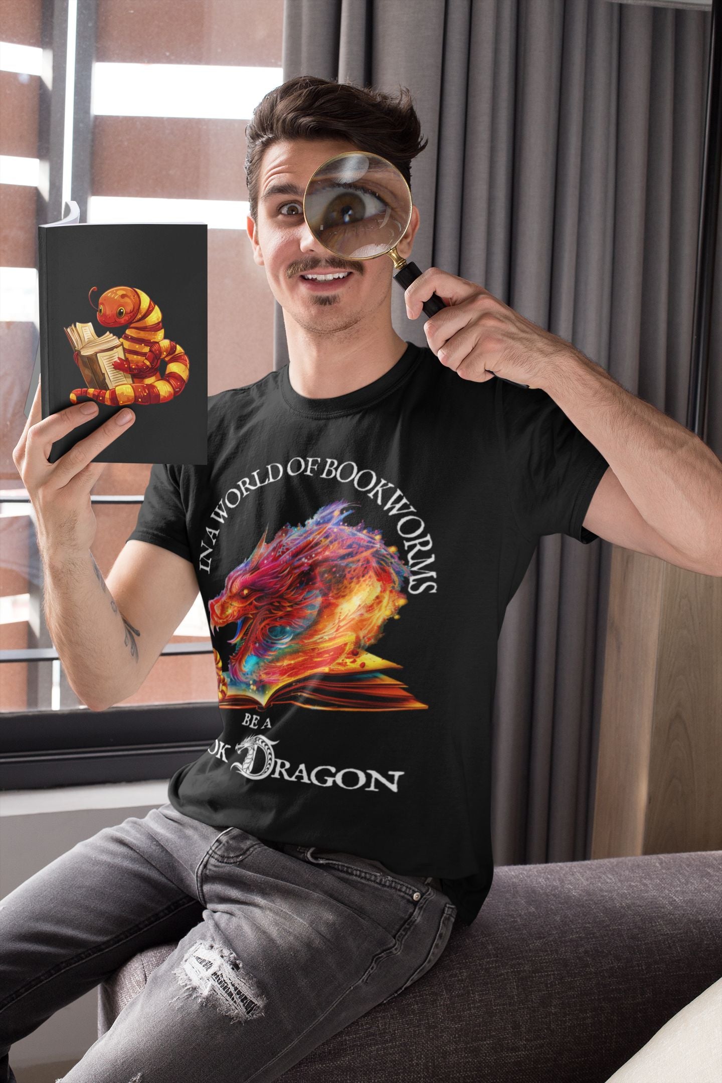In a World of Bookworms, Be a BookDragon – Fantasy T-Shirt for Book Lovers