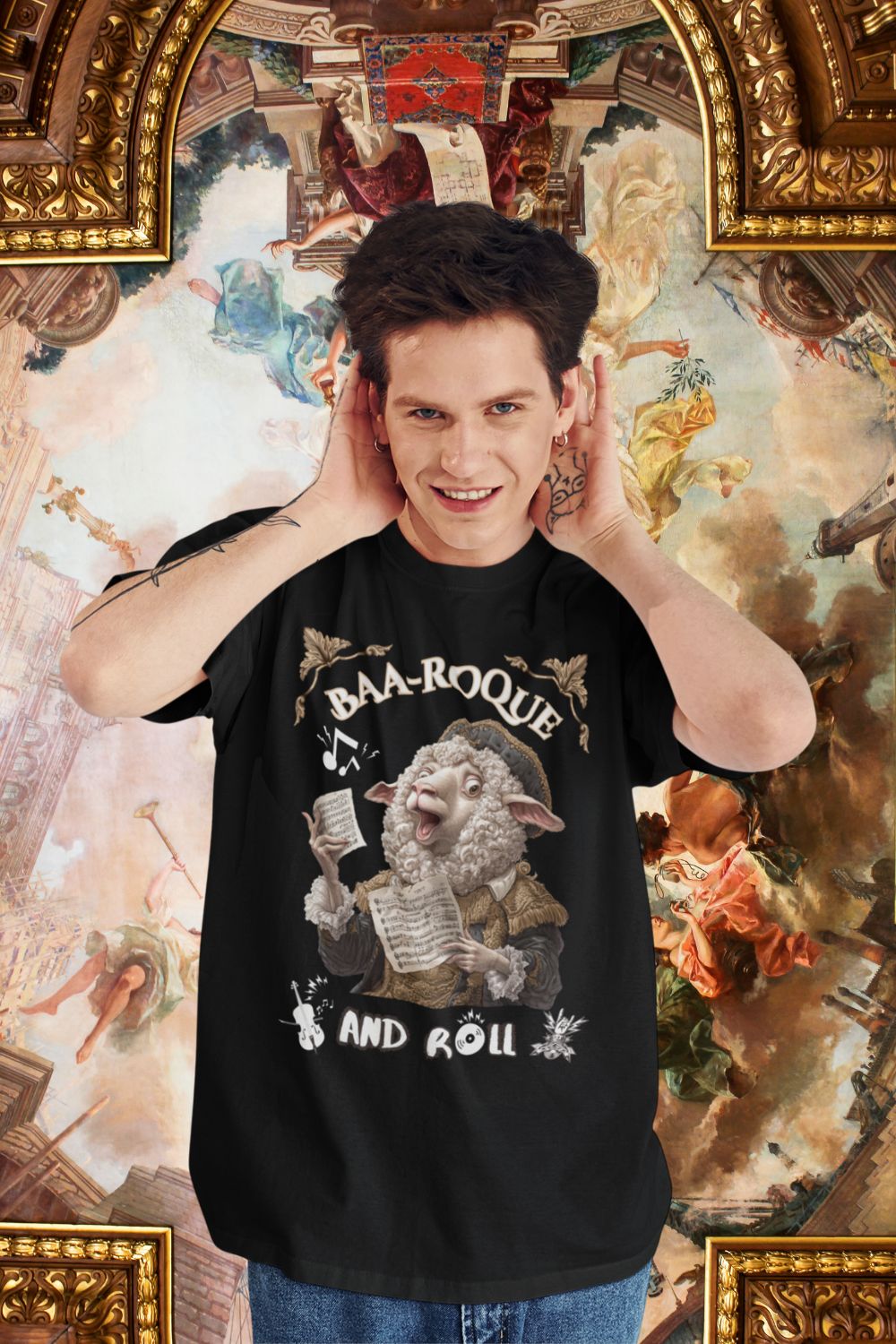 Men’s Baa-Roque and Roll Sheep T-Shirt – Unisex Fit, Music & Theatre Inspired