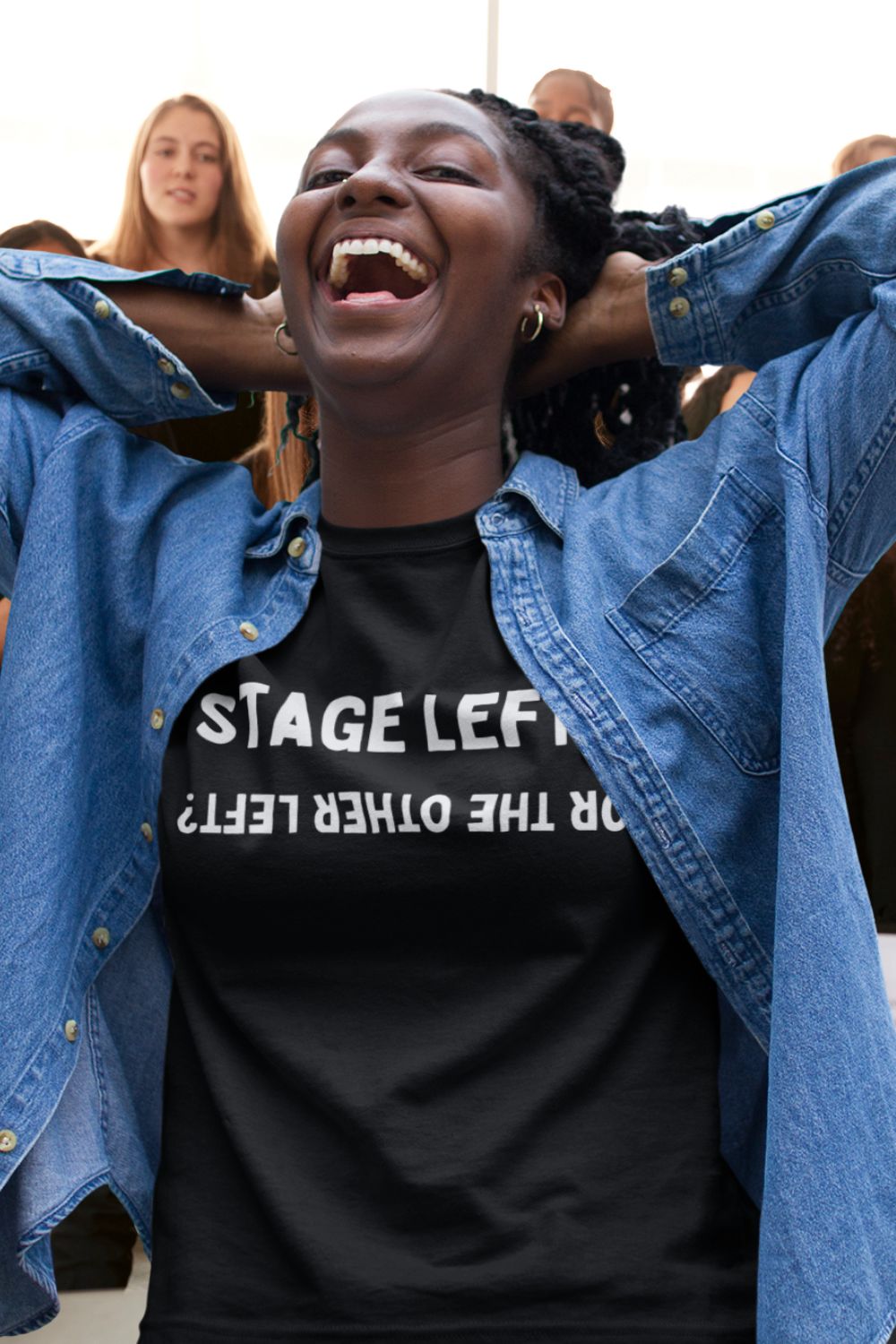 Women’s Fitted “Stage Left? …Or the Other Left?” Black T-Shirt – Theatre Humour Design
