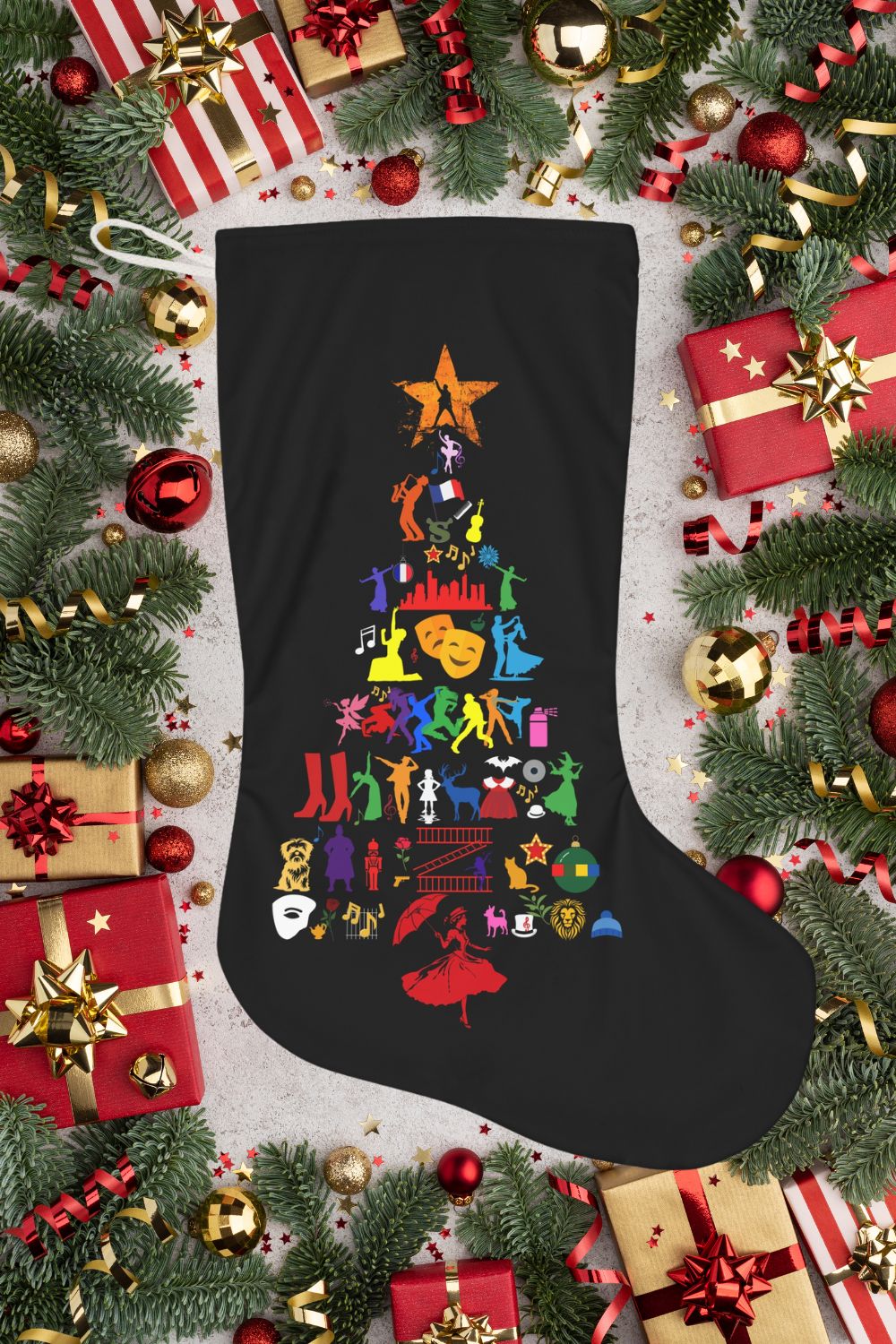Musical Theatre Icon Christmas Tree Stocking – Festive Faux Suede Holiday Decor for Theatre Lovers