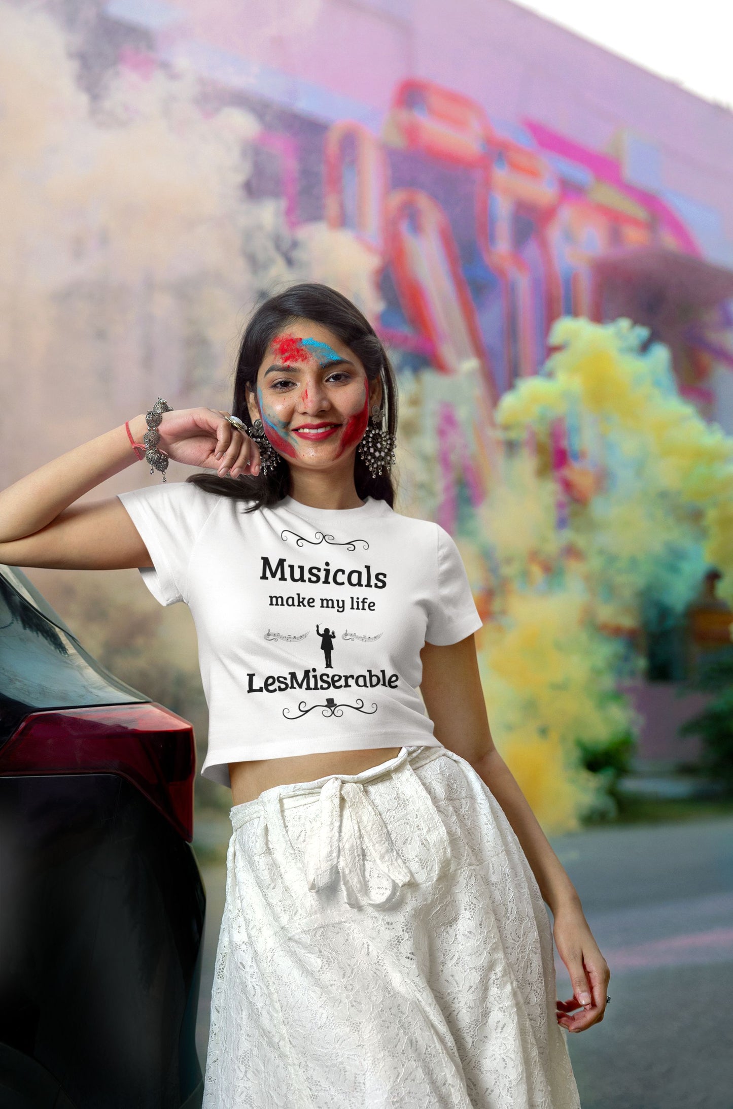 Women's White Cropped Tee – "Musicals Make My Life LesMiserable" – Perfect for Theatre Lovers