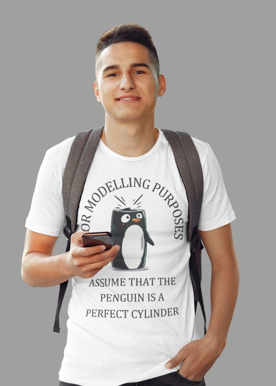"Perfect Cylinder Penguin" Men's Unisex Maths T-Shirt – Fun & Quirky Design