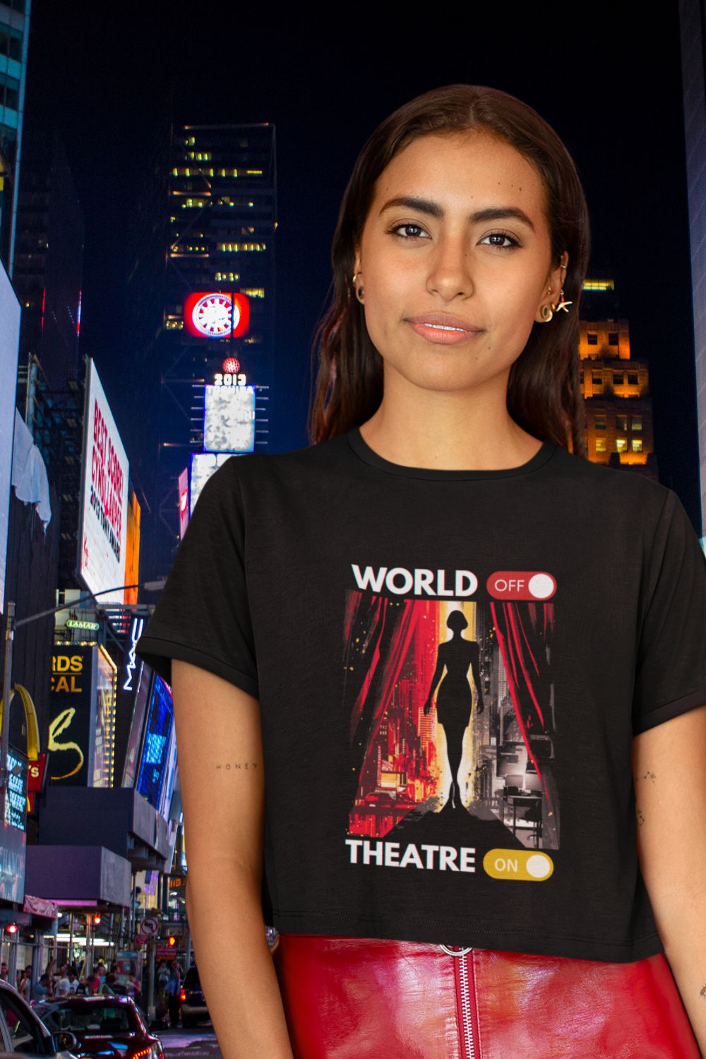 Women’s “World Off. Theatre On.” Organic Cotton T-Shirt (Cropped Oversized Fit) – Because Theatre Is Life