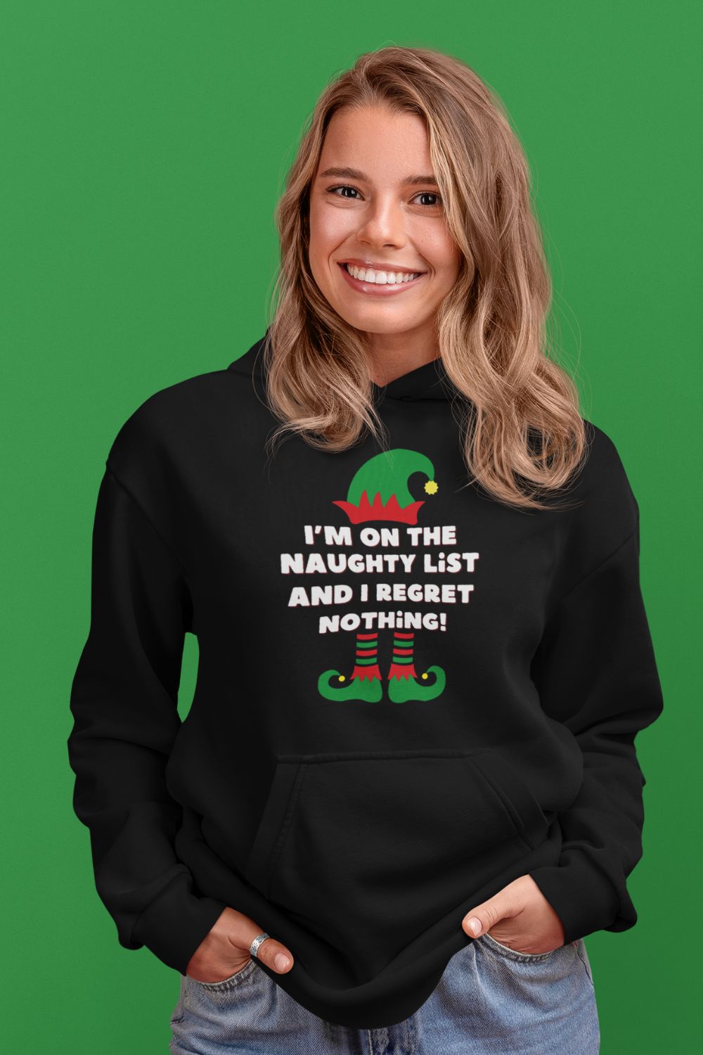 Women’s Christmas Hoodie – "I'm on the Naughty List, and I Regret Nothing" – Funny Festive Hoodie