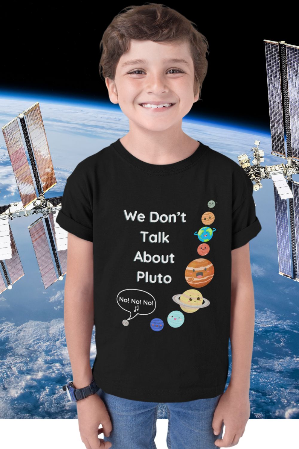 We Don't Care About Pluto Kids' T-Shirt - Fun Solar System Design for STEM Enthusiasts