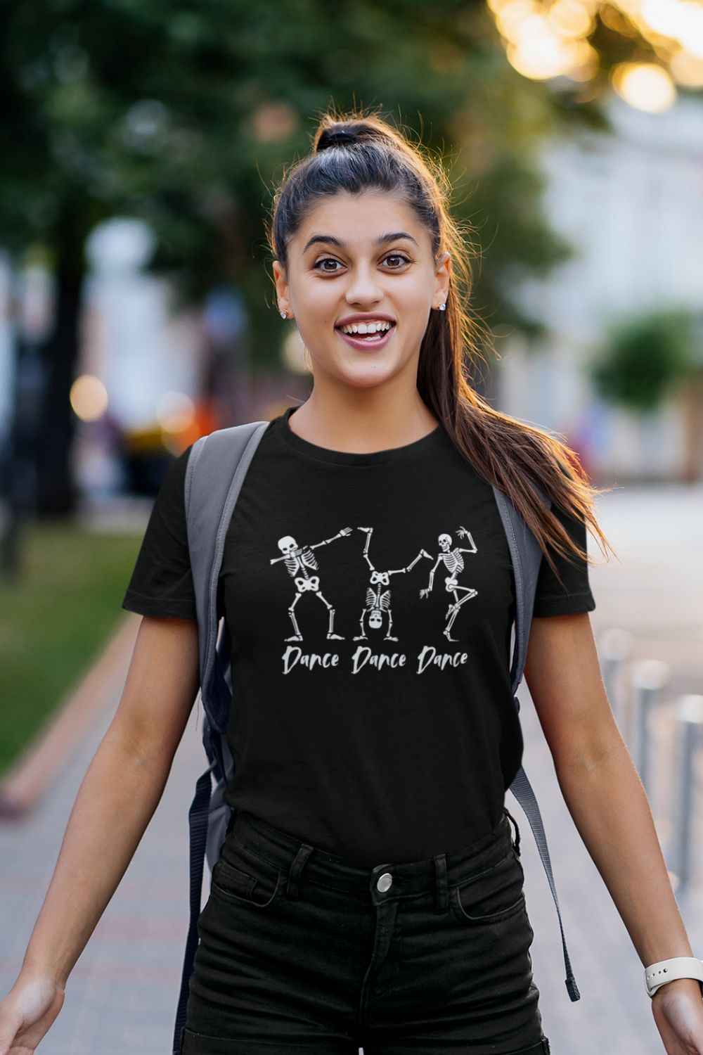 Dance Dance Dance Skeleton Women’s T-Shirt – Fitted Black T-shirt for Dancers
