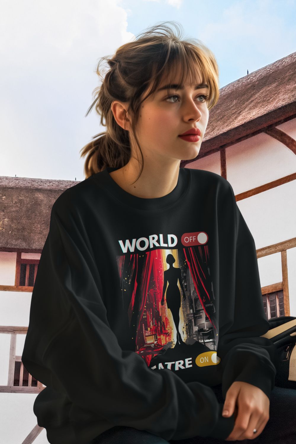 Women’s “World Off. Theatre On.” Stage Black Sweatshirt (Unisex Fit) – For Theatre Lovers Who Escape the Ordinary
