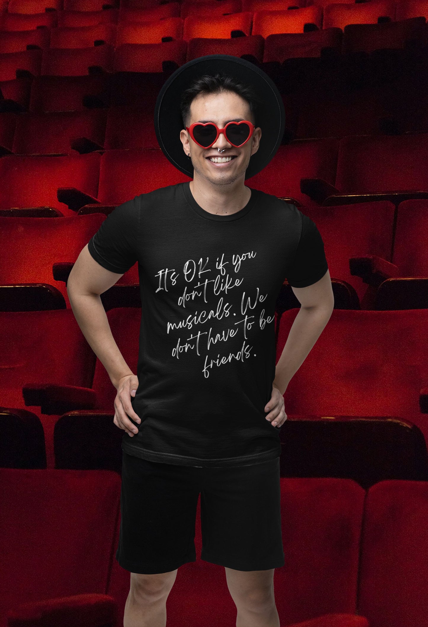 Funny Musical Theatre T-Shirt – “It’s OK If You Don’t Like Musicals” – Black, White Print, Unisex Heavy Cotton