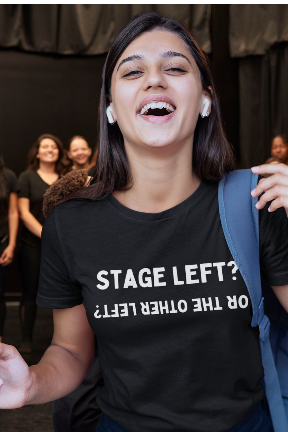 Women’s Fitted “Stage Left? …Or the Other Left?” Black T-Shirt – Theatre Humour Design