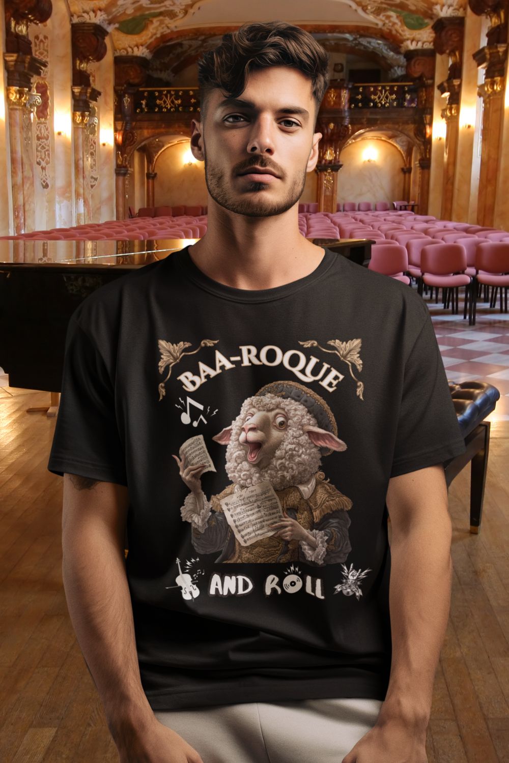 Men’s Baa-Roque and Roll Sheep T-Shirt – Unisex Fit, Music & Theatre Inspired