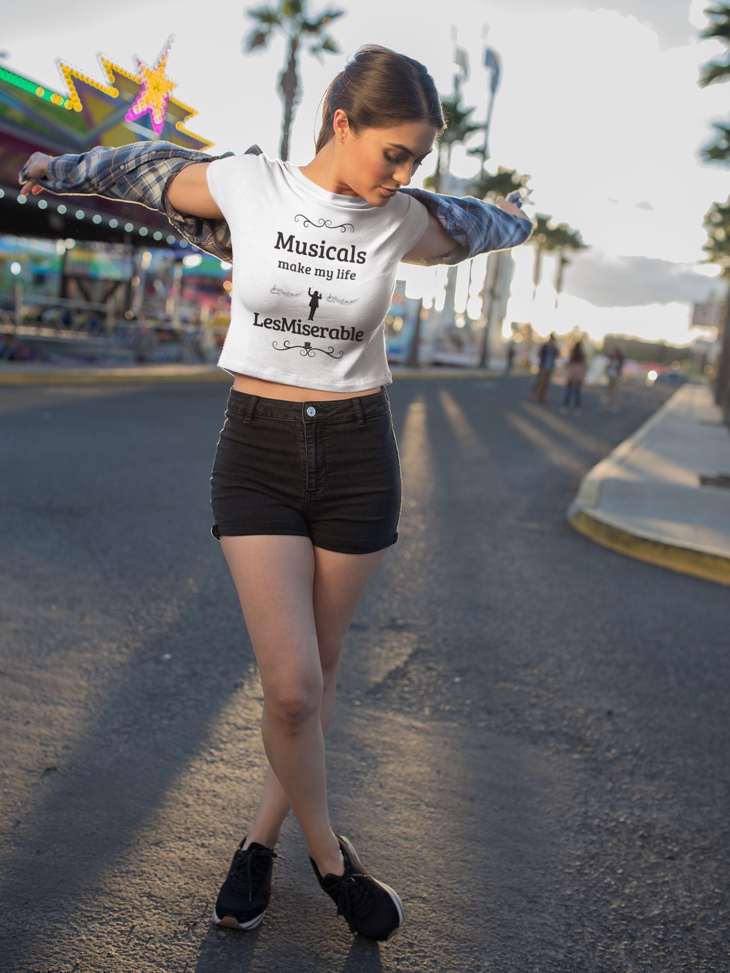 Women's White Cropped Tee – "Musicals Make My Life LesMiserable" – Perfect for Theatre Lovers