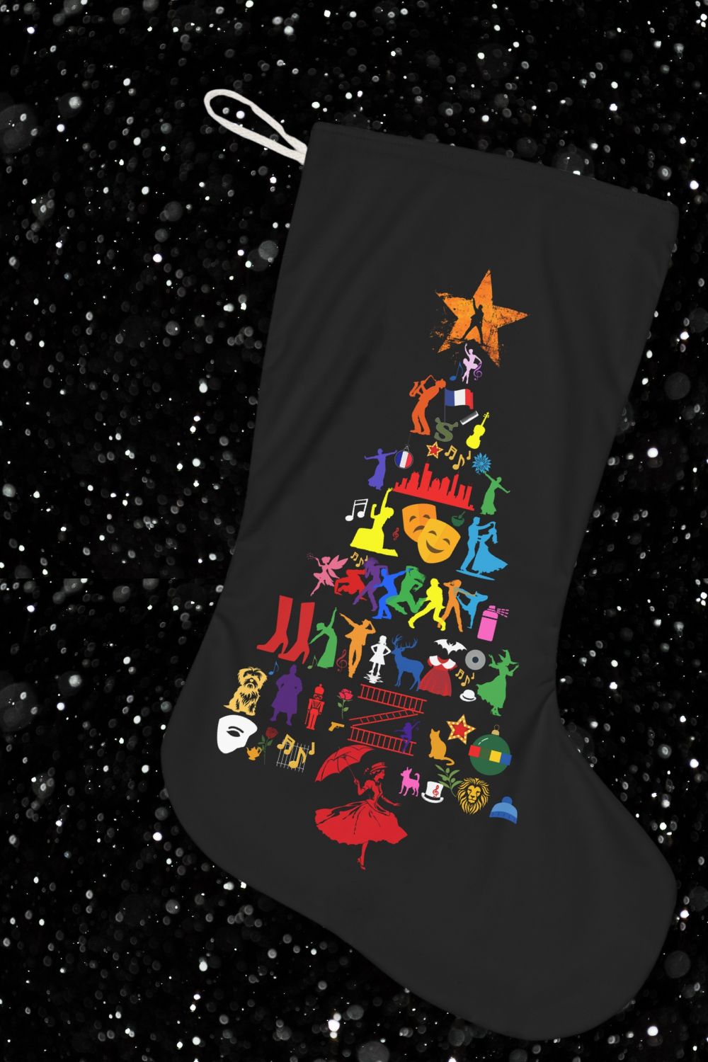 Musical Theatre Icon Christmas Tree Stocking – Festive Faux Suede Holiday Decor for Theatre Lovers
