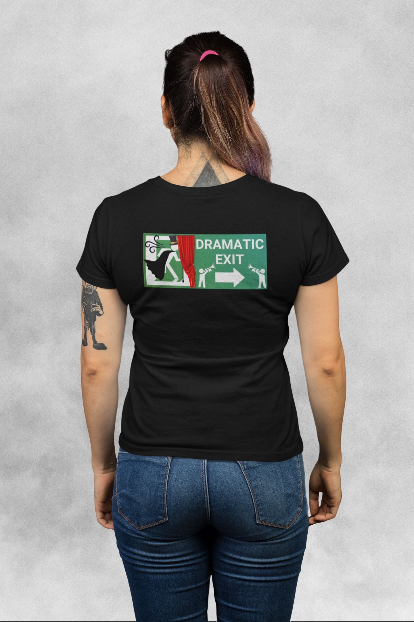 Dramatic Exit Women's T-shirt – Theatrical Back Print for Theatre Lovers, Semi-Fitted