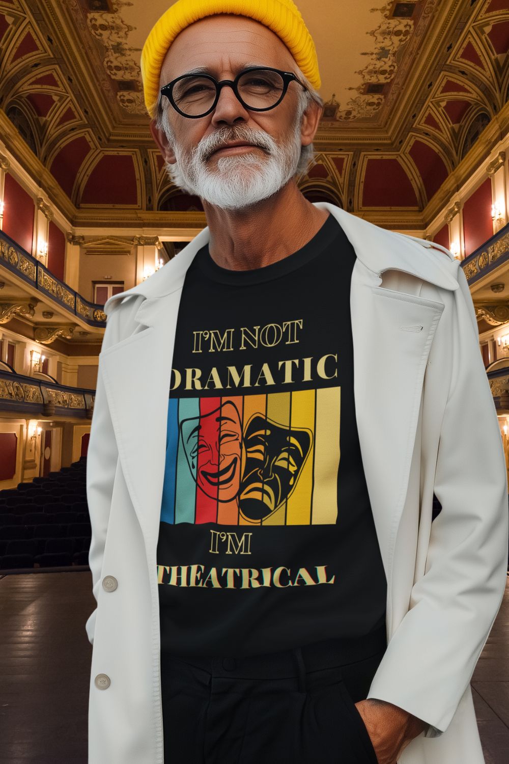 I’m Not Dramatic I’m Theatrical – Funny Men’s (Unisex)Theatre T-Shirt with Masks