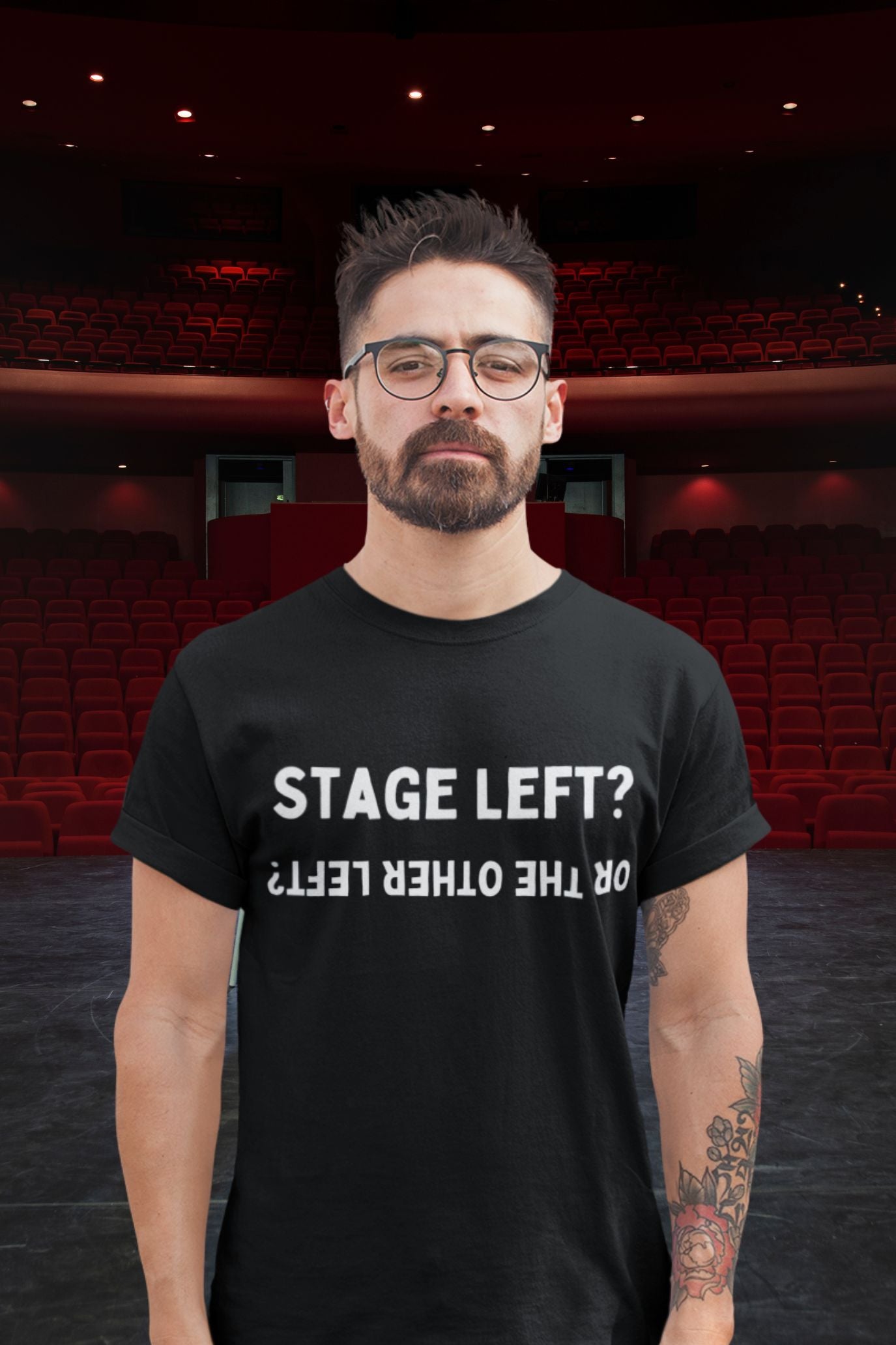 Men’s “Stage Left? …Or the Other Left?” Unisex Black T-Shirt – Theatre Humour Design
