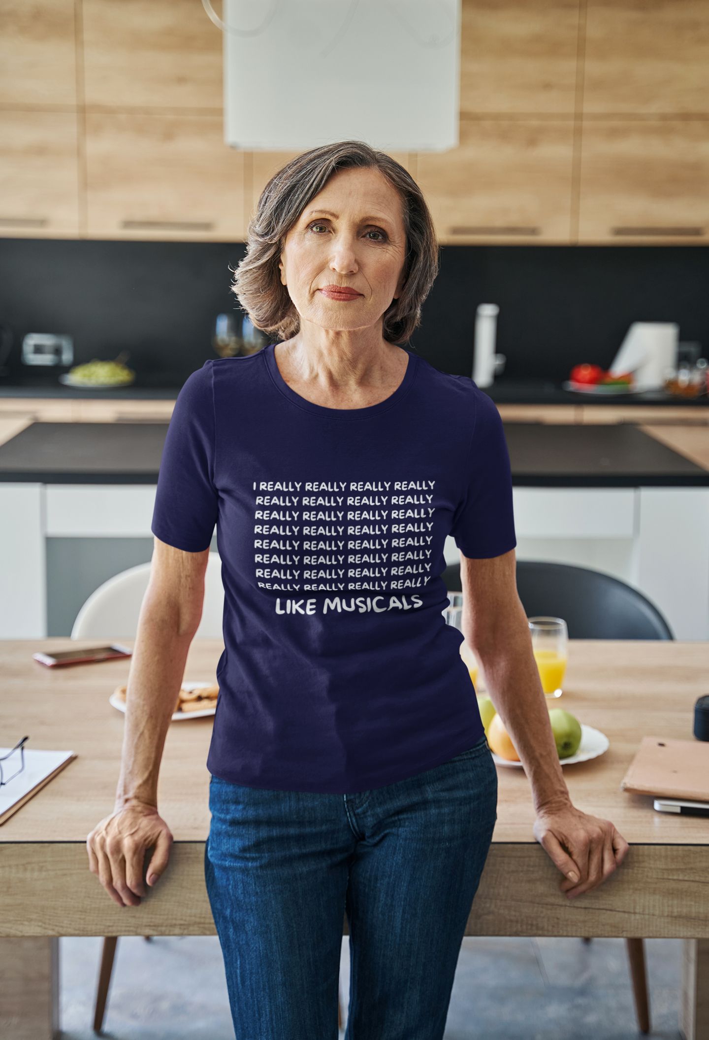 Funny Musical Theatre Women’s T-Shirt – “I REALLY REALLY REALLY Like Musicals” – Slim Fit, Black, Navy & Berry