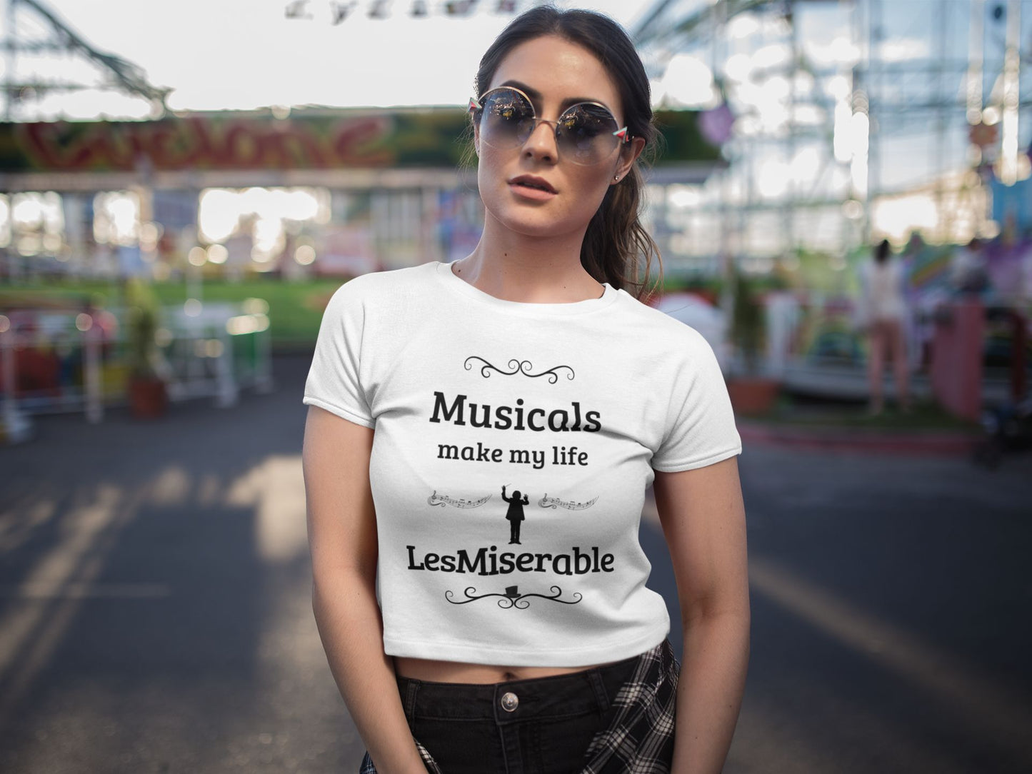 Women's White Cropped Tee – "Musicals Make My Life LesMiserable" – Perfect for Theatre Lovers