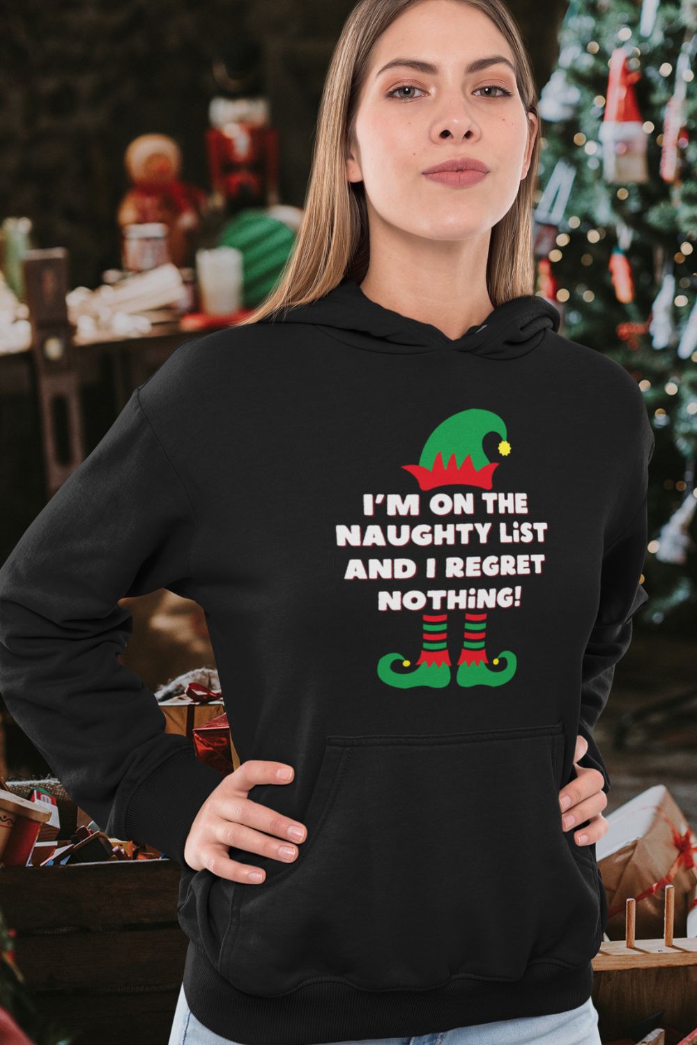 Women’s Christmas Hoodie – "I'm on the Naughty List, and I Regret Nothing" – Funny Festive Hoodie